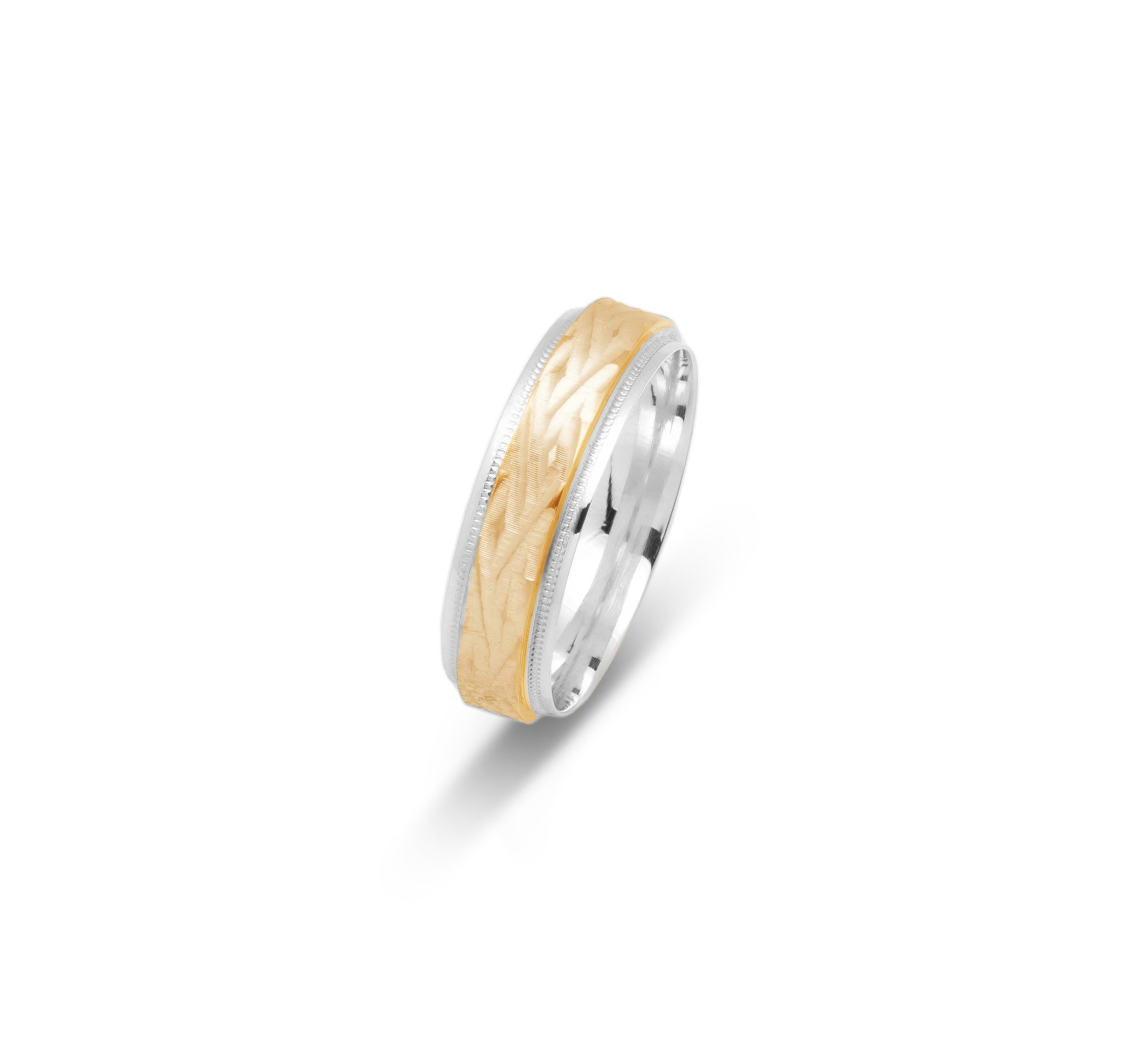 Wedding Band Ring - 10K two-tone yellow & white gold with diamond pattern & millegrain edges 6mm - RIG667
