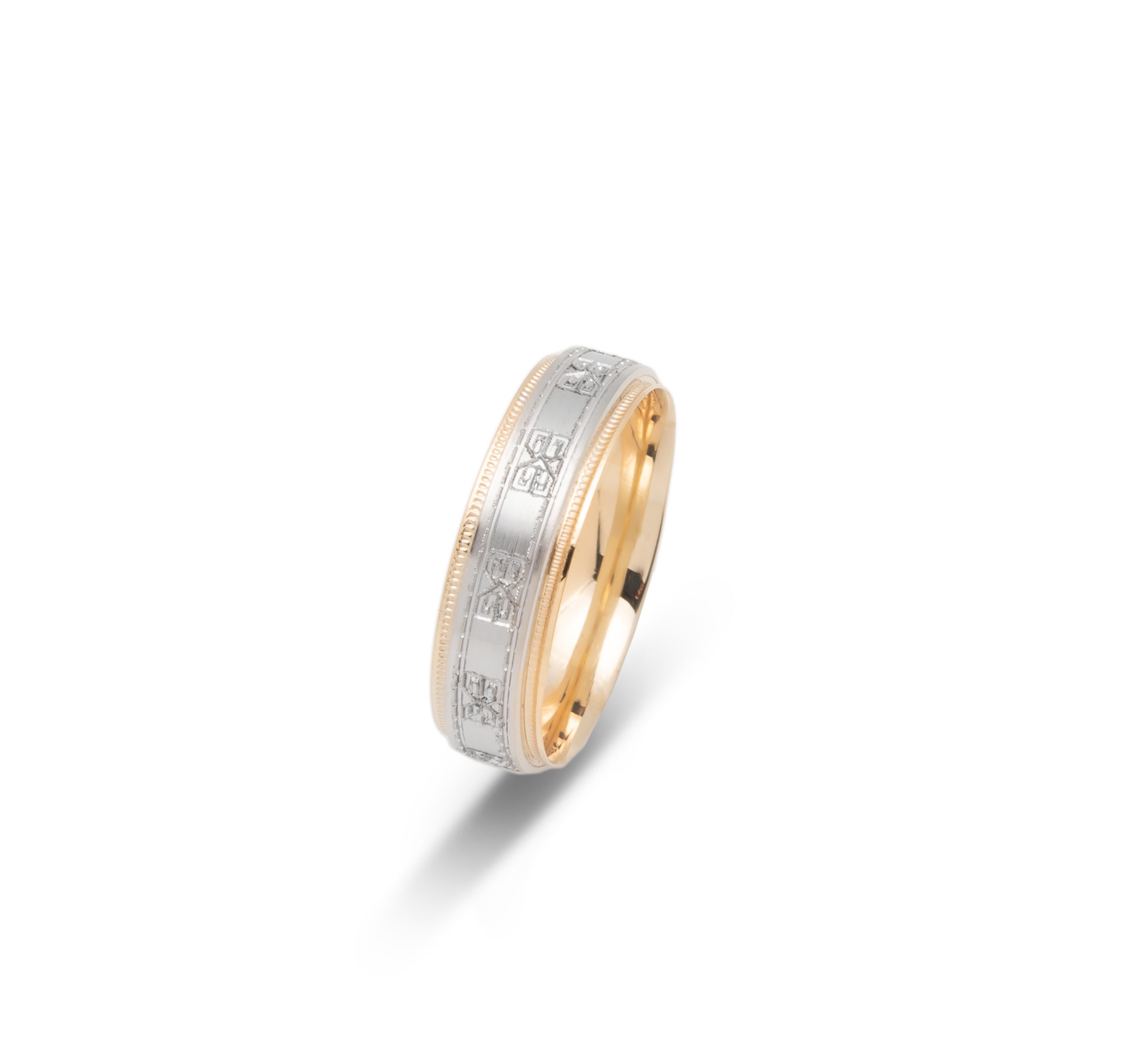 Wedding band ring - 10K two-tone yellow & white gold with greek square motif & millegrain edges 6mm - RIG668
