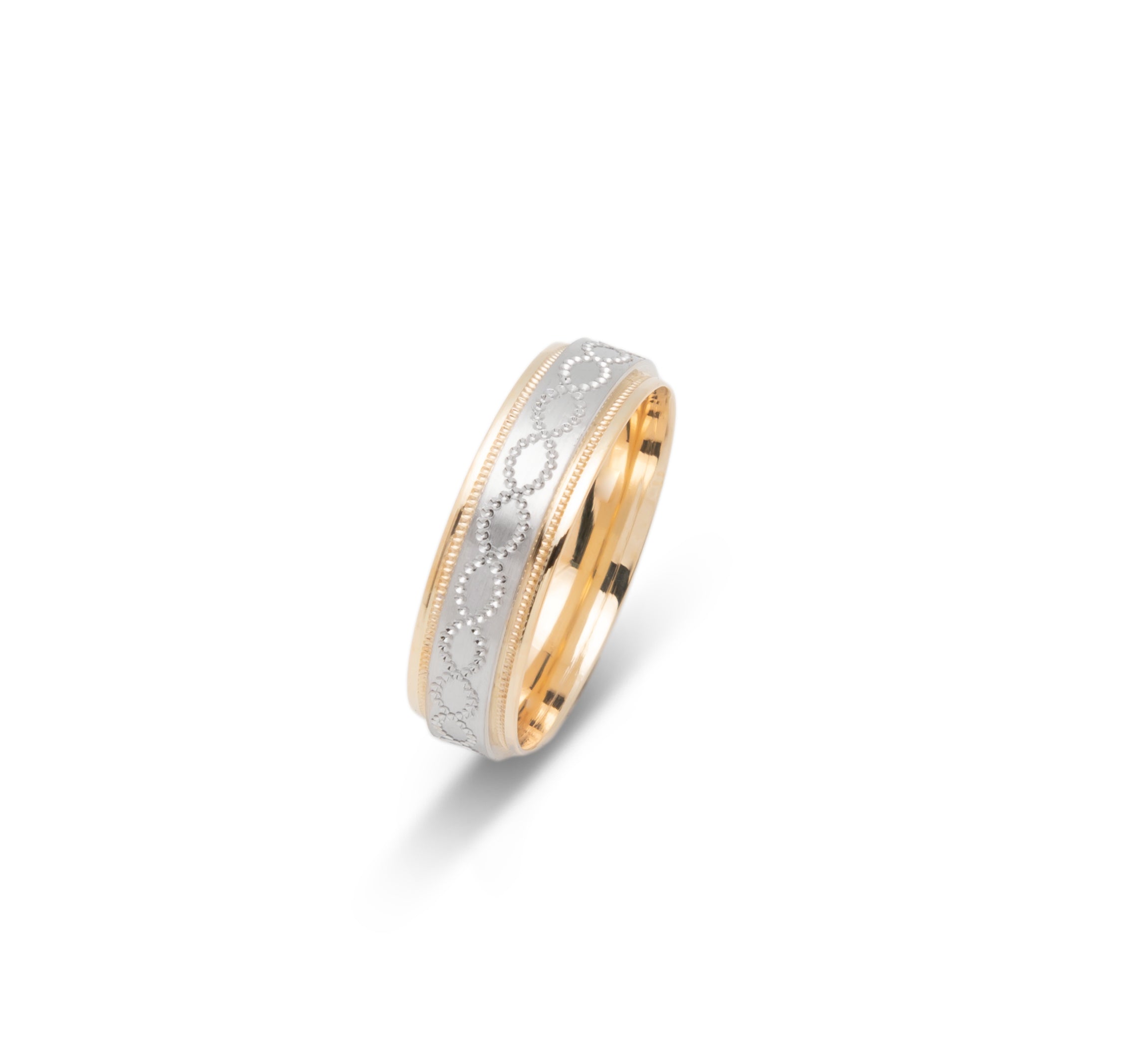 Wedding band ring - 10K two-tone yellow & white gold with curved motif & millegrain edges 6mm - RIG670