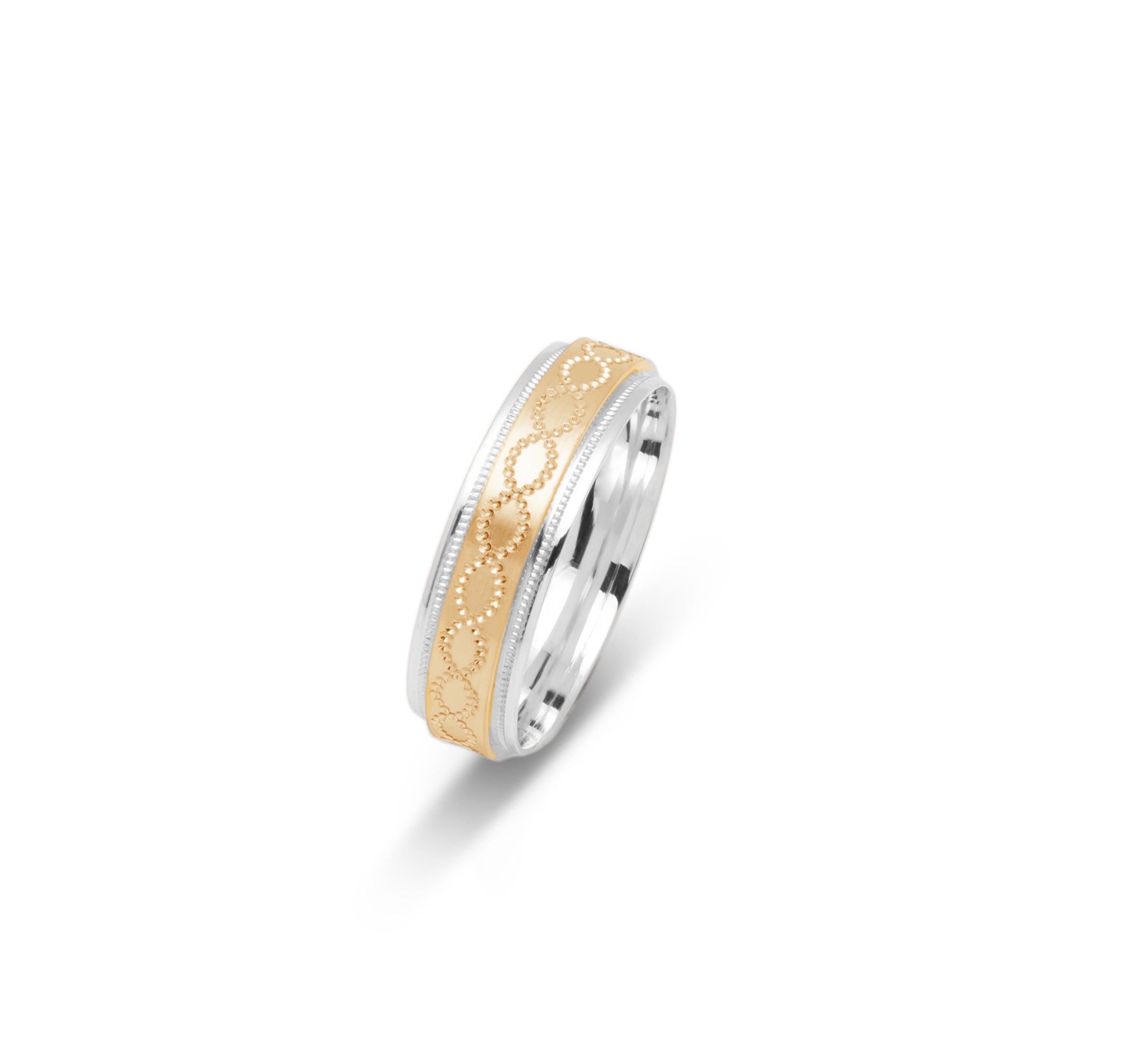 Wedding Band Ring - 10K two-tone yellow & white gold with curved motif & millegrain edges 6mm - RIG671