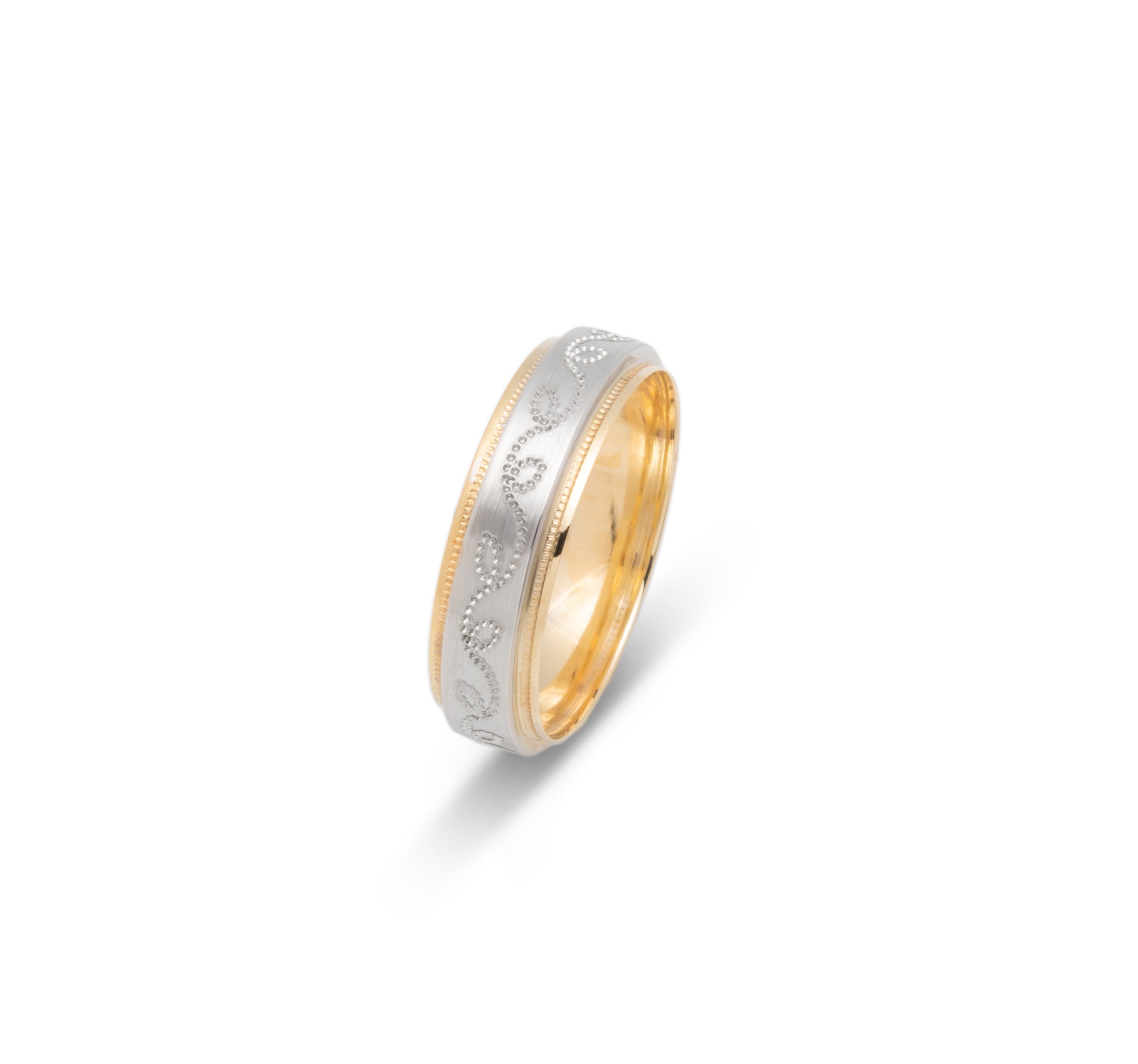 Wedding band ring - 10K two-tone yellow & white gold with vine & millegrain edges 6mm - RIG672