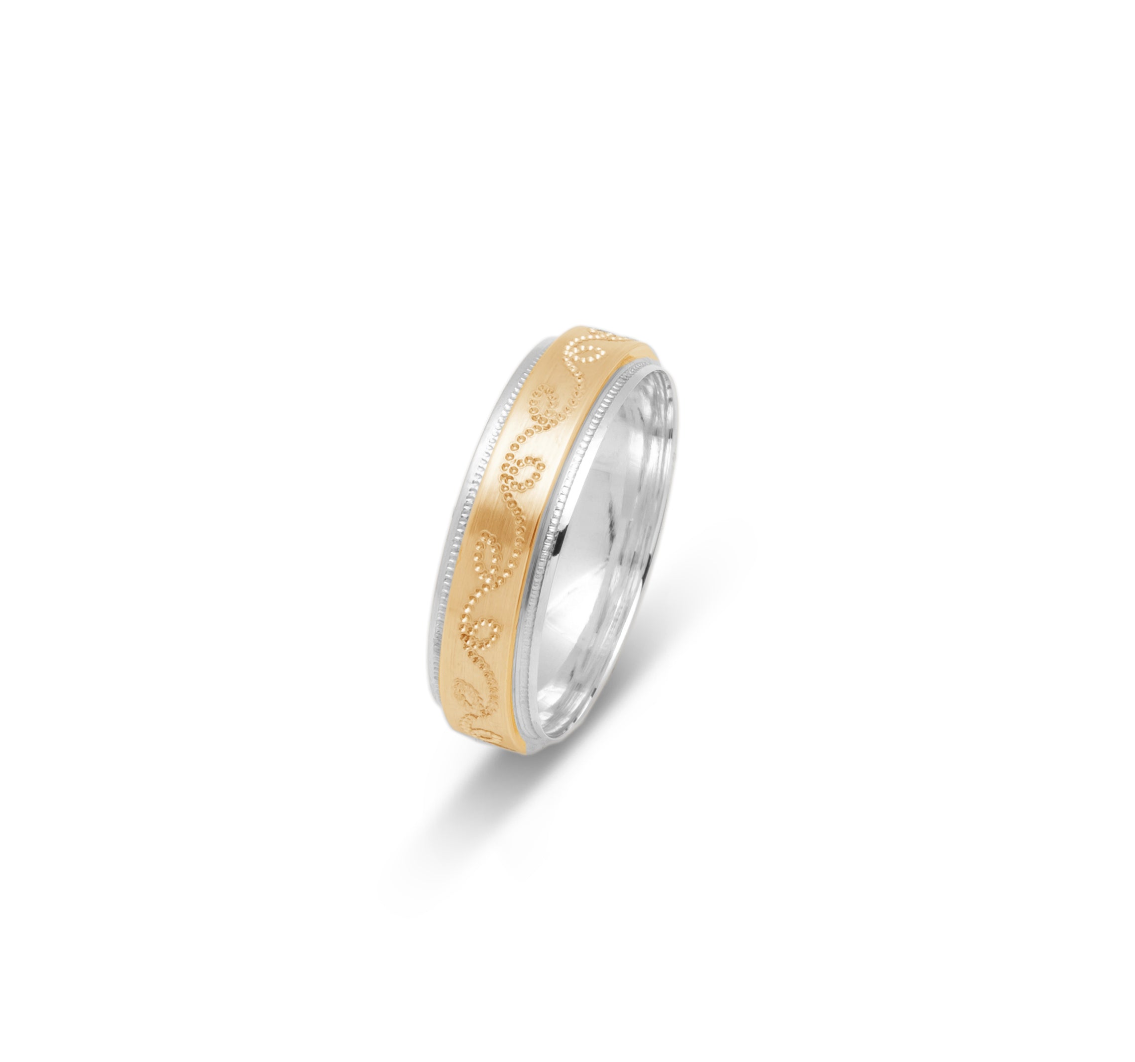 Wedding band ring - 10K two-tone yellow & white gold with vine & millegrain edges 6mm - RIG673