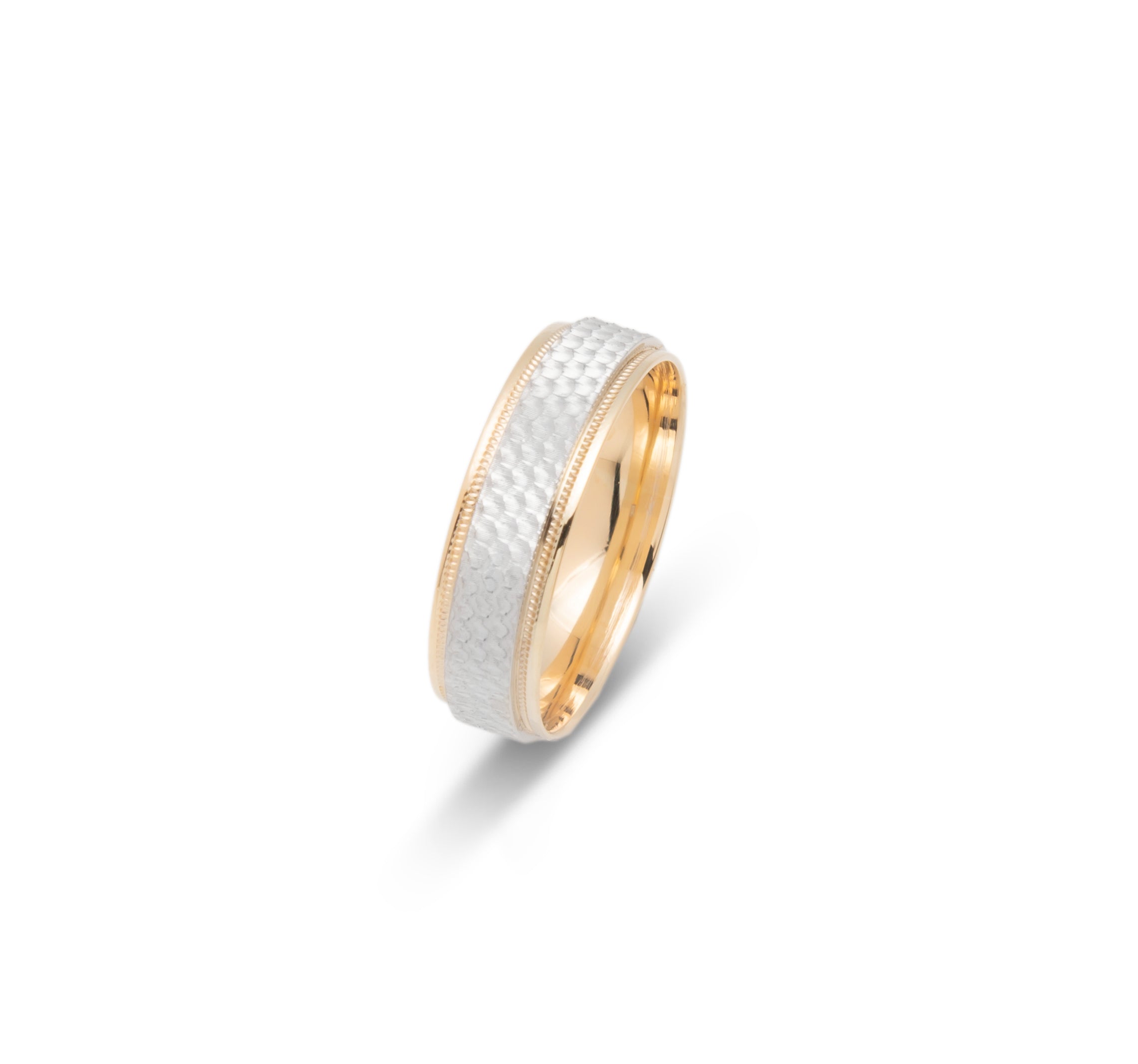 Wedding Band Ring - 10K Gold two-tone yellow & white textured honeycomb & millegrain edges 6mm - RIG674