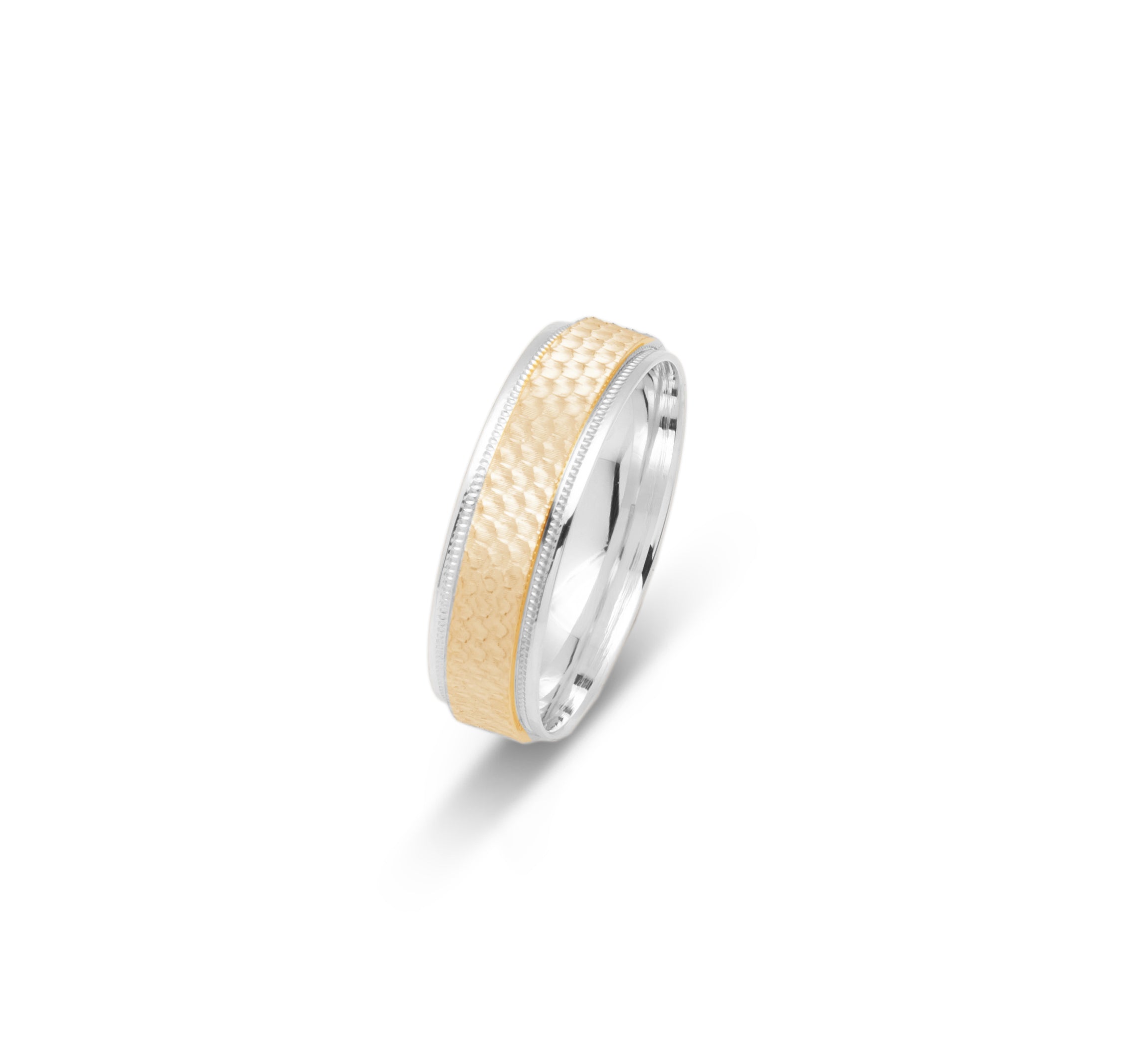 Wedding Band Ring - 10K Gold two-tone yellow & white textured honeycomb & millegrain edges 6mm - RIG675