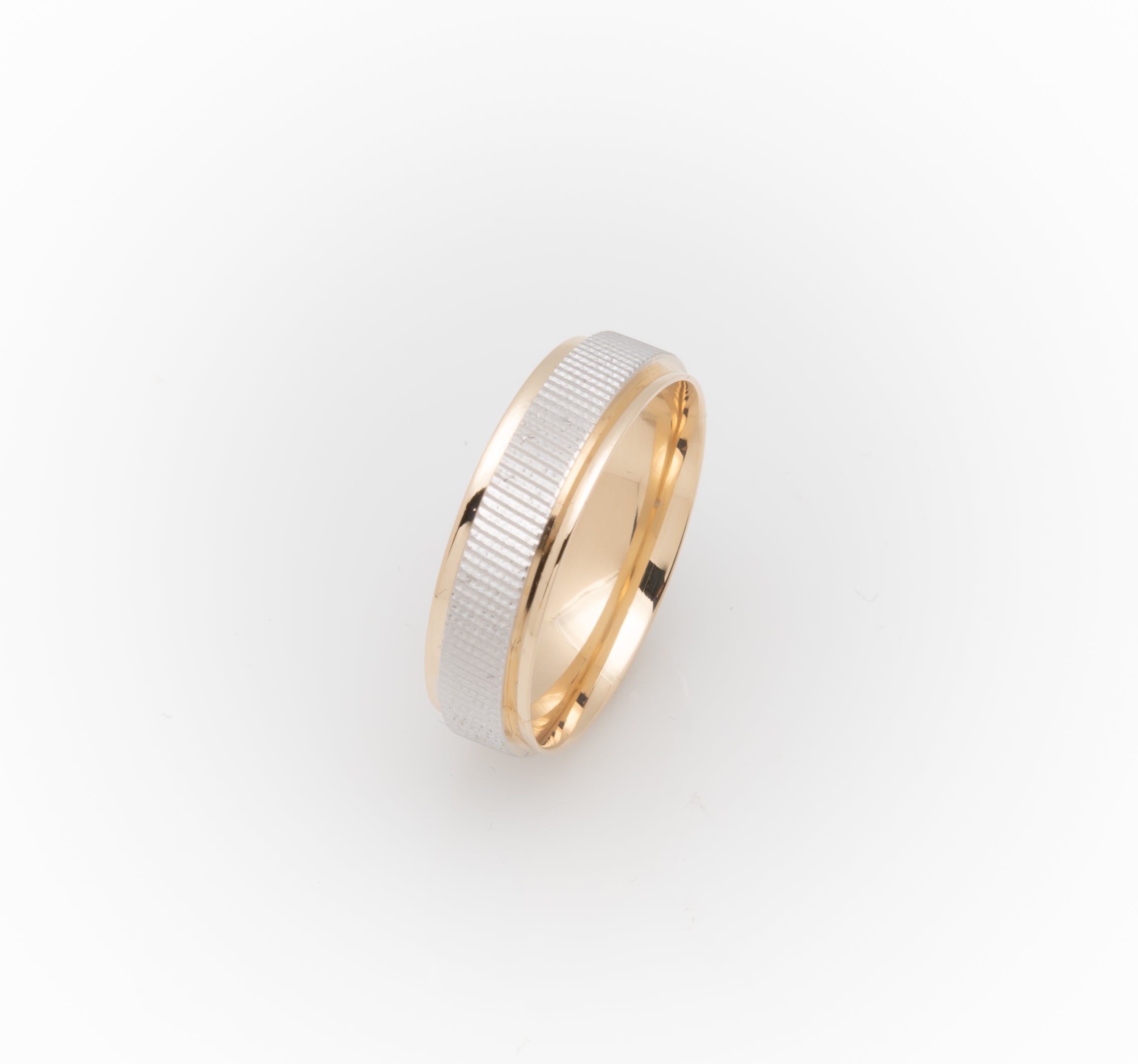 Wedding band ring - 10K two-tone yellow & white gold with stripes & polished edges 6mm - RIG678