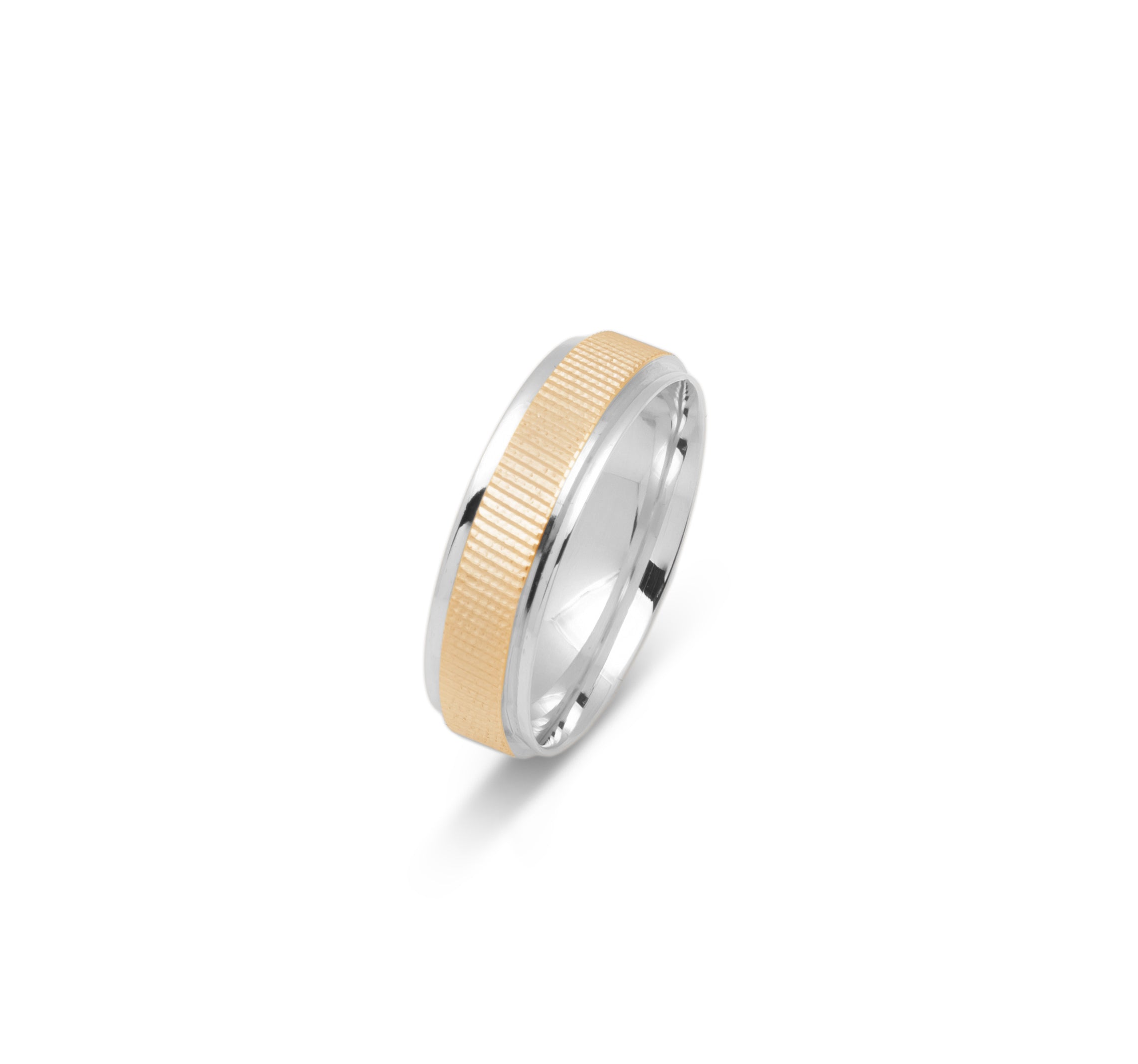 Wedding band ring - 10K two-tone yellow & white gold with stripes & polished edges 6mm - RIG679