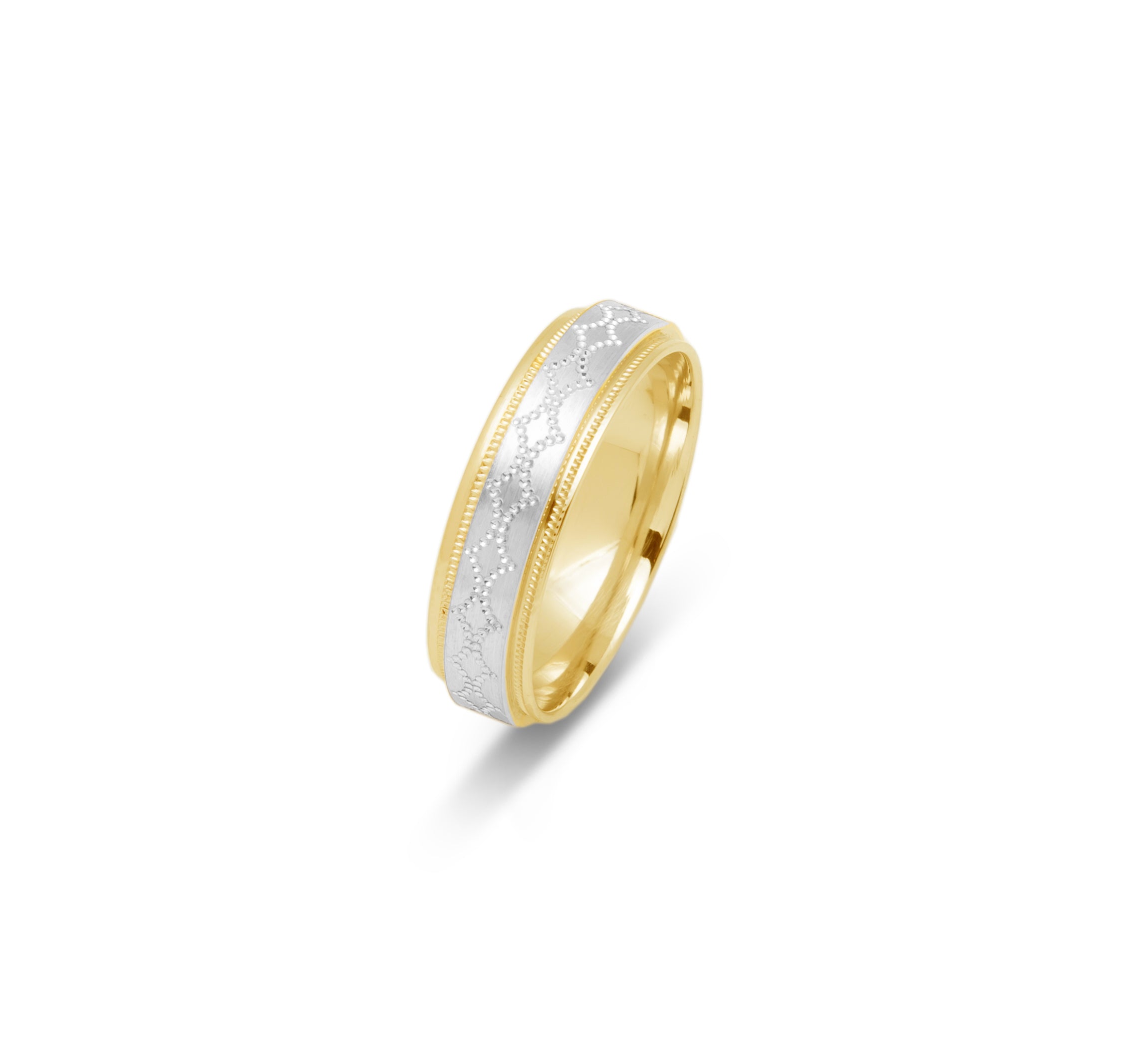 Wedding band ring - 10K two-tone yellow & white gold with rounded motif & millegrain edges 6mm - RIG680