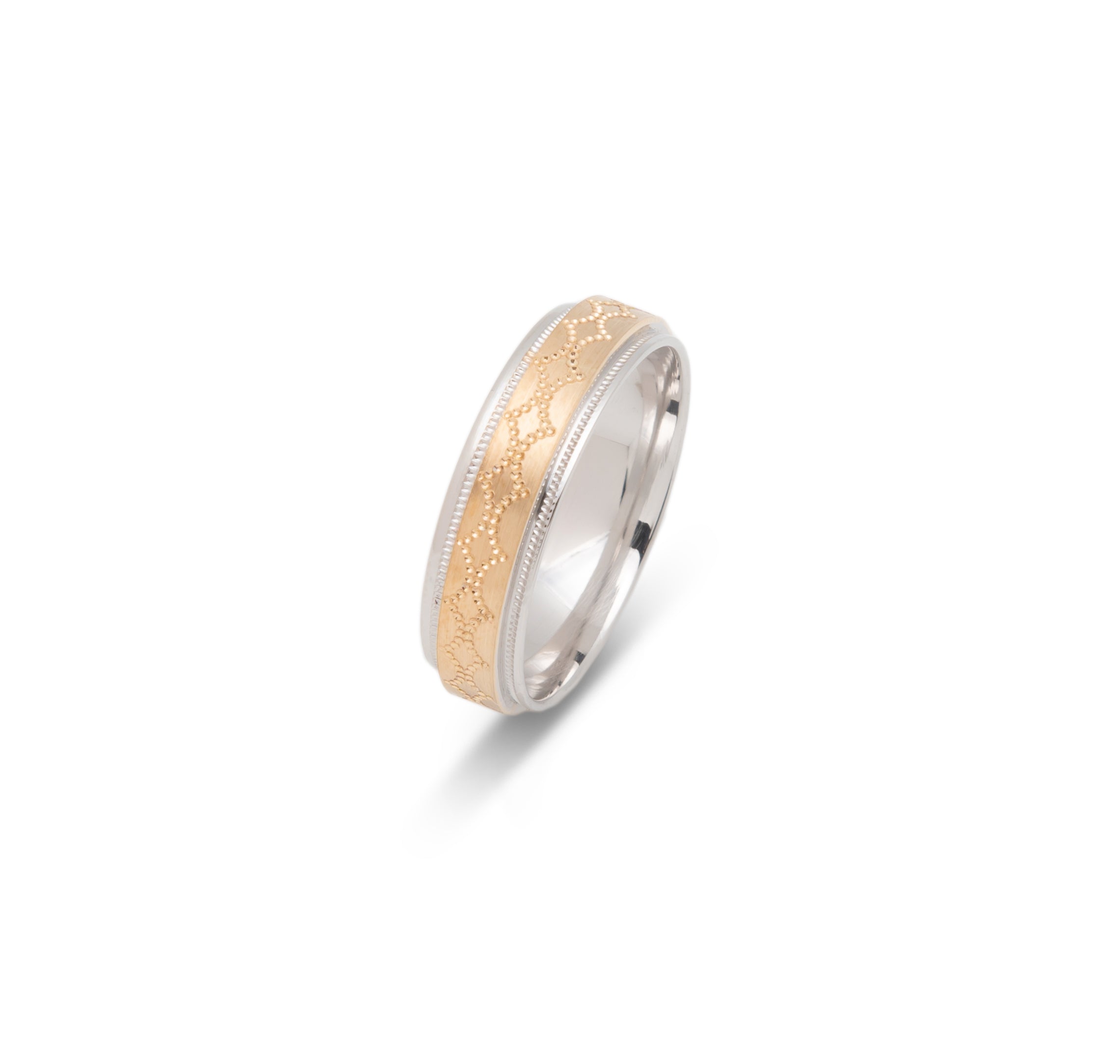 Wedding band ring - 10K two-tone yellow & white gold with rounded motif & millegrain edges 6mm - RIG681