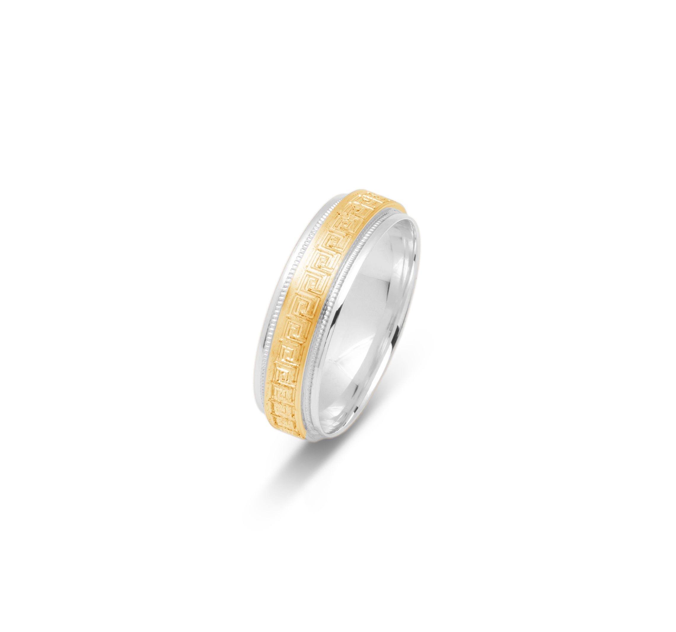 Wedding band ring - 10K two-tone yellow & white gold with Greek key motif & millegrain edges 6mm - RIG683