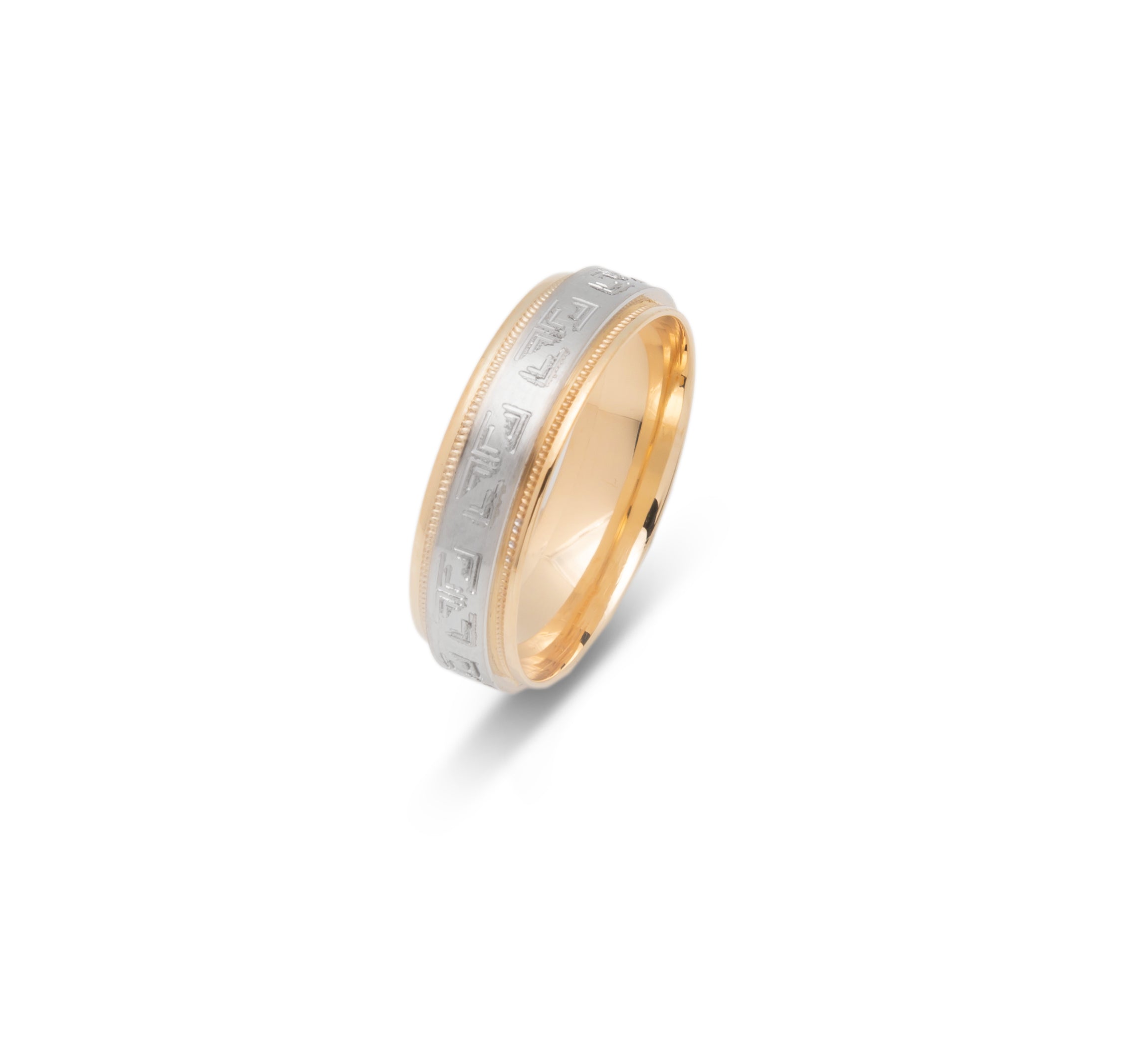 Wedding Band Ring - 10K Gold two-tone yellow & white geometric pattern & millegrain edges 6mm - RIG684
