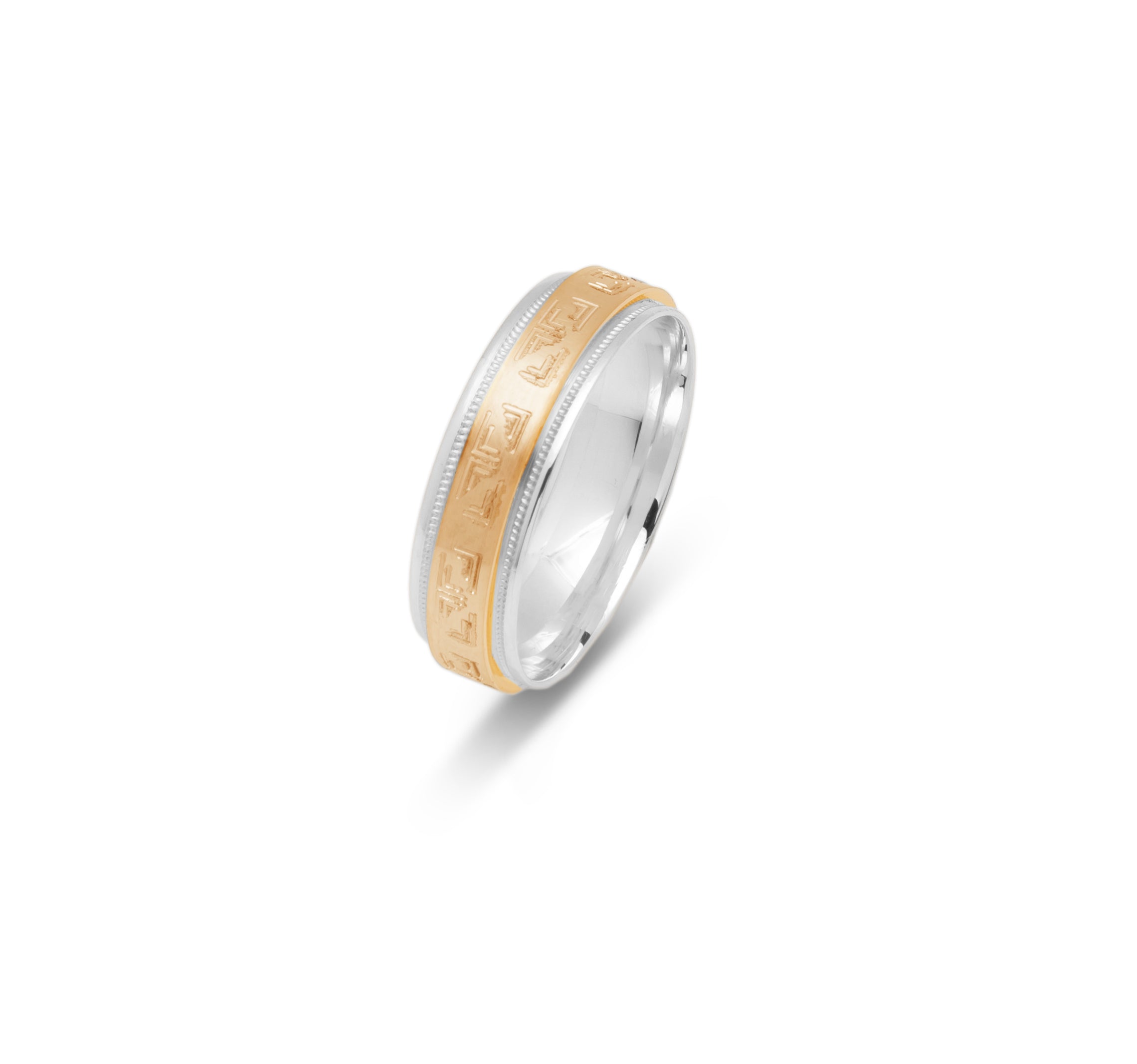 Wedding band ring - 10K two-tone yellow & white gold with geometric pattern & millegrain edges 6mm - RIG685