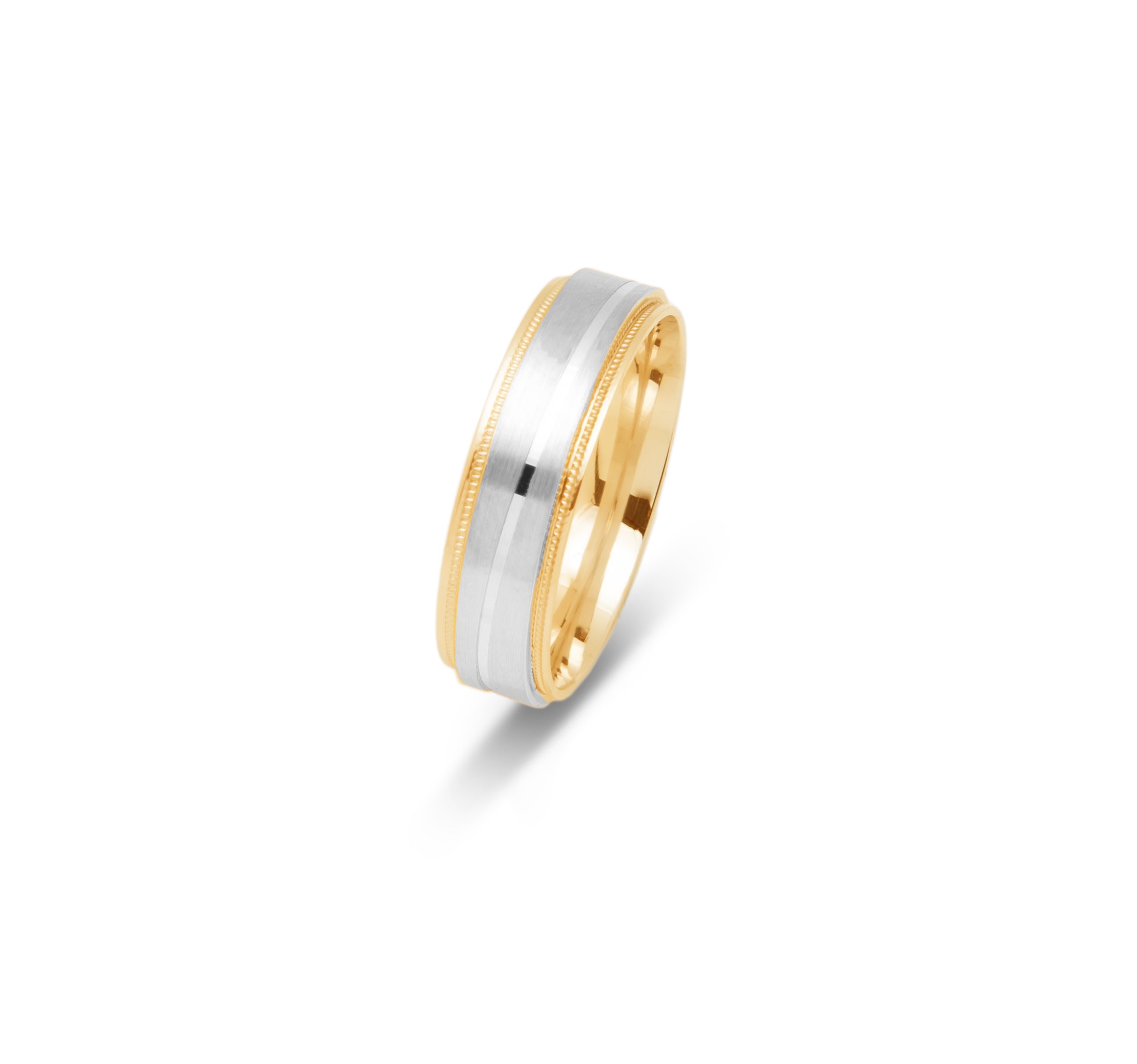 Wedding band ring - 10K two-tone yellow & white gold satin finish & millegrain edges 6mm - RIG686