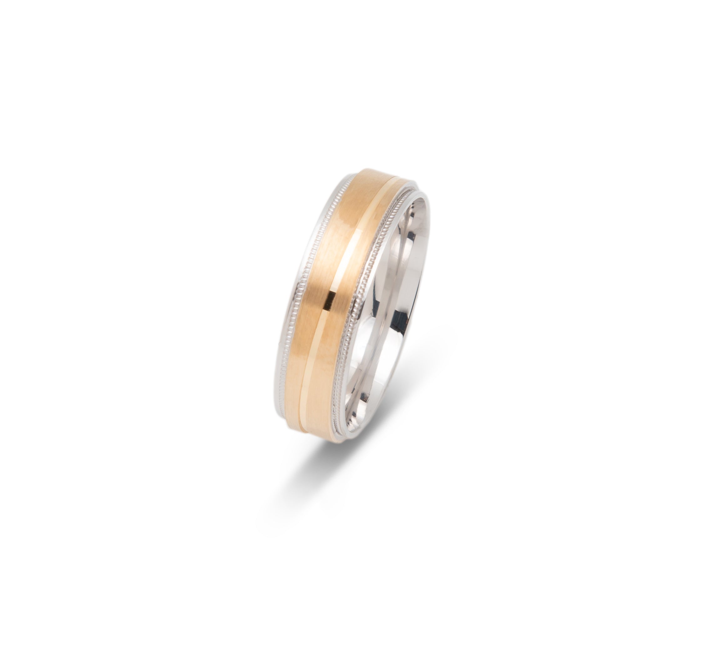 Wedding band ring - 10K two-tone yellow & white gold satin finish & millegrain edges 6mm - RIG687