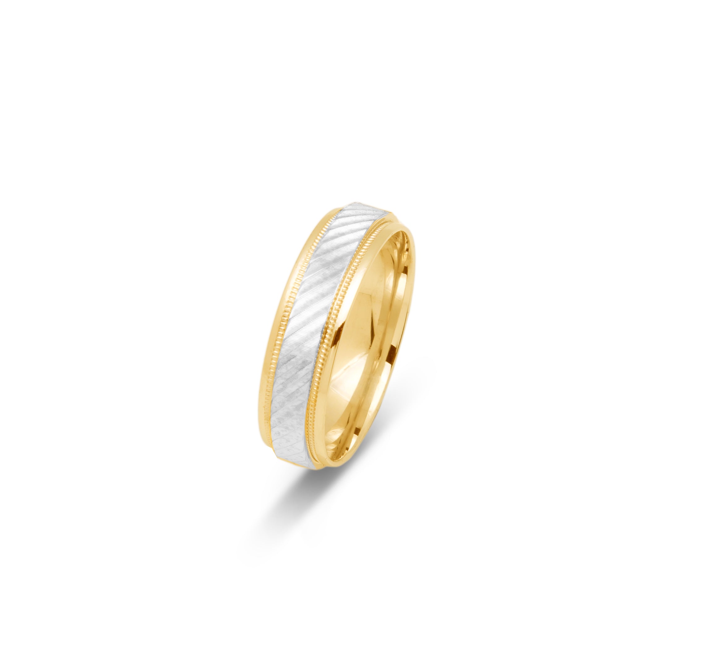 Wedding Band Ring - 10K Gold two-tone yellow & white diagonal stripes & millegrain edges 6mm - RIG688