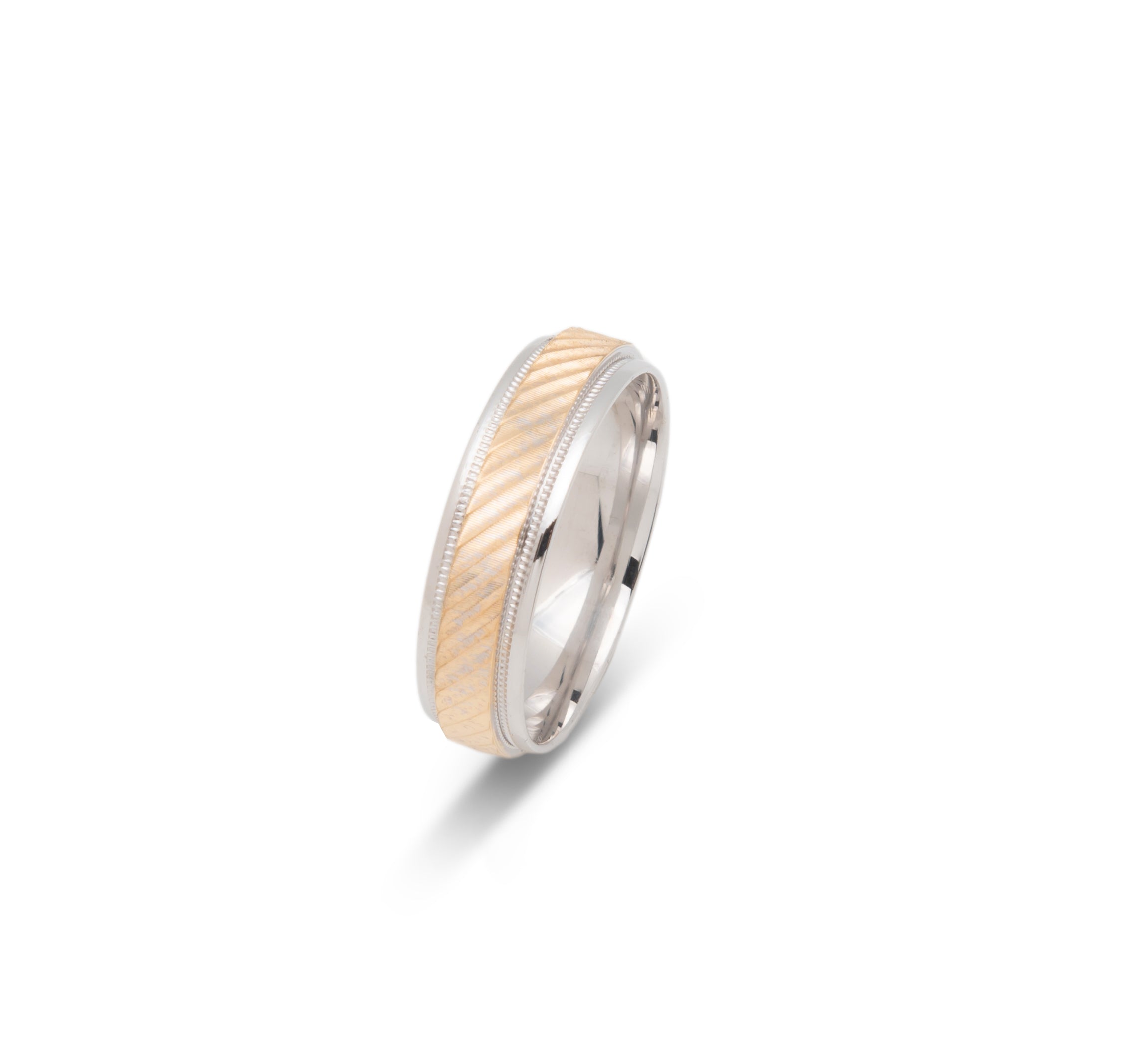 Wedding Band Ring - 10K Gold two-tone yellow & white diagonal stripes & millegrain edges 6mm - RIG689