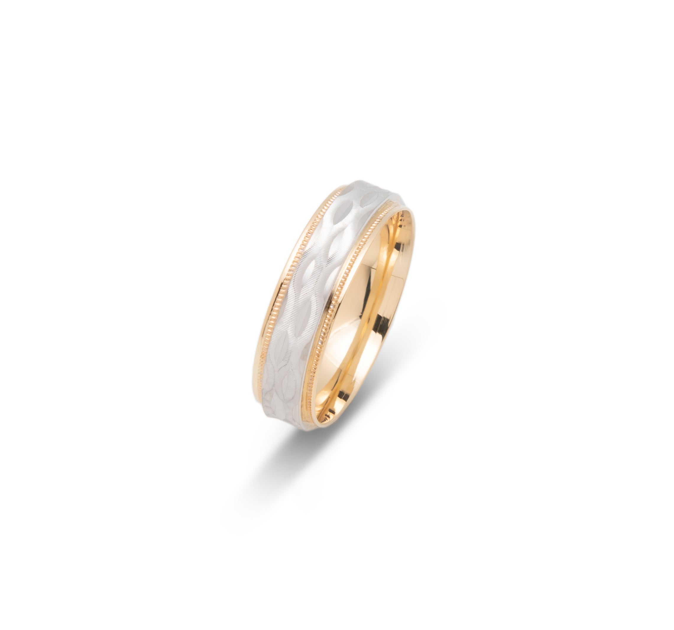 Wedding band ring - 10K two-tone yellow & white gold with wavy engraving & millegrain edges 6mm - RIG690