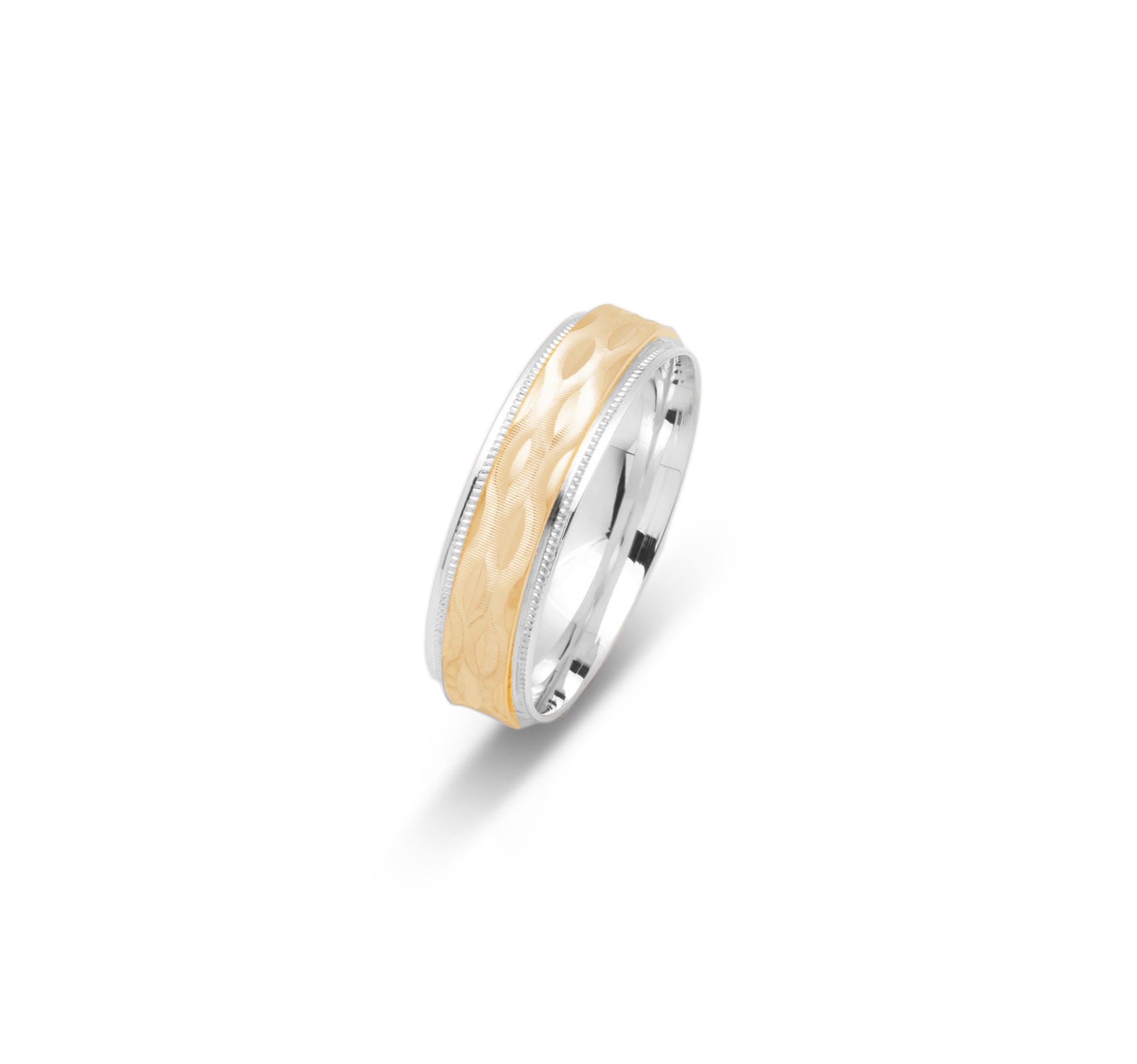 Wedding band ring - 10K two-tone yellow & white gold with wavy engraving & millegrain edges 6mm - RIG691