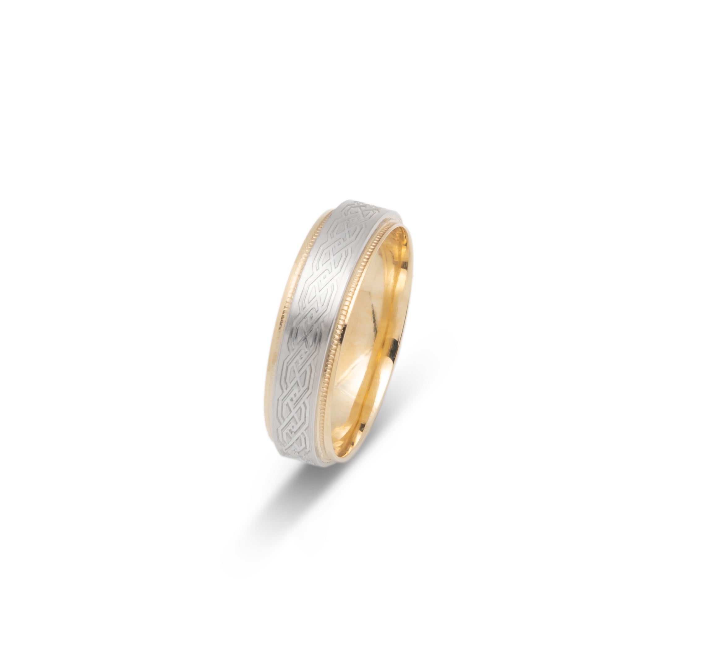 Wedding band ring - 10K two-tone yellow & white gold with braid pattern & millegrain edges 6mm - RIG692