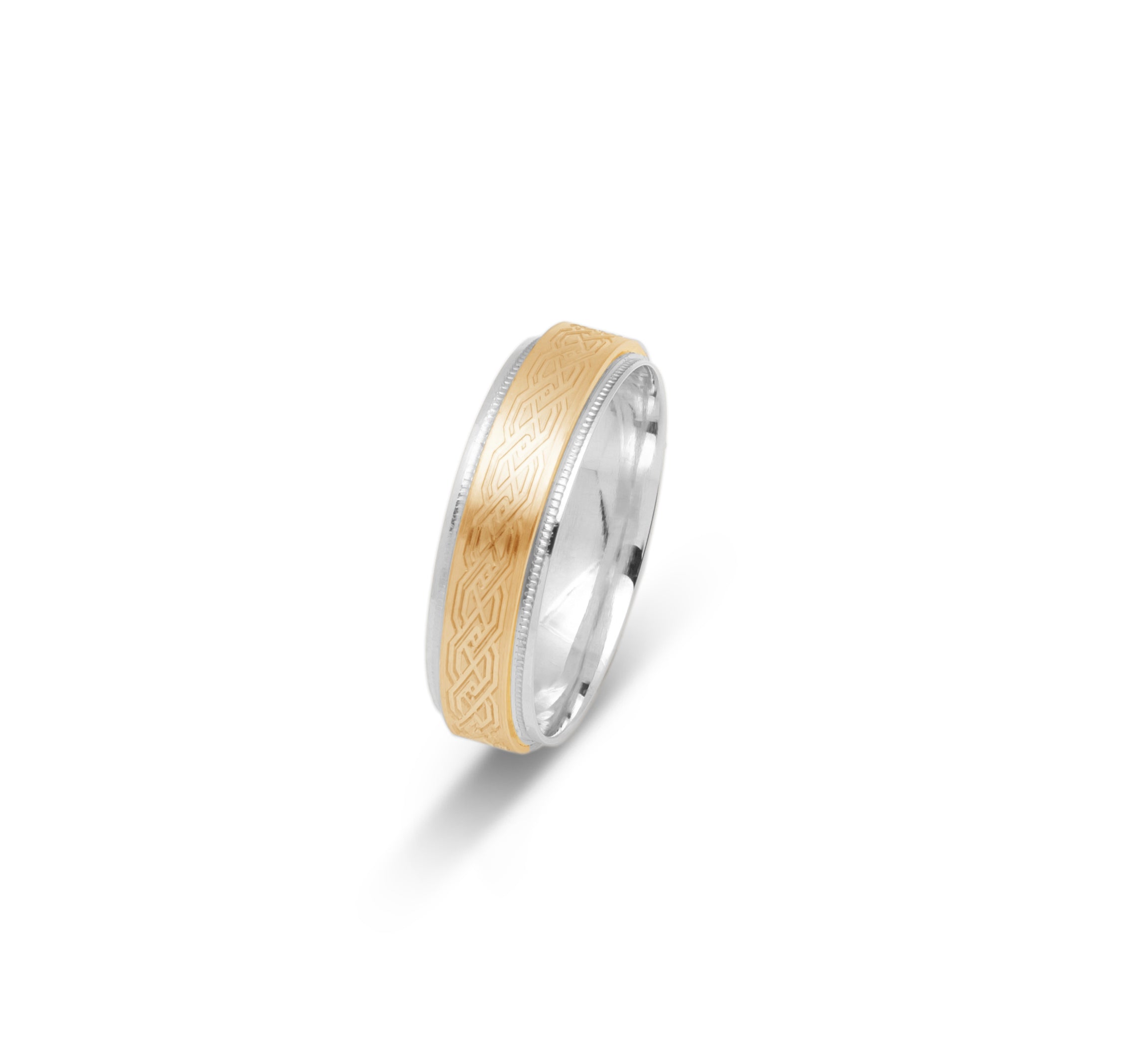 Wedding band ring - 10K two-tone yellow & white gold with braid pattern & millegrain edges 6mm - RIG693