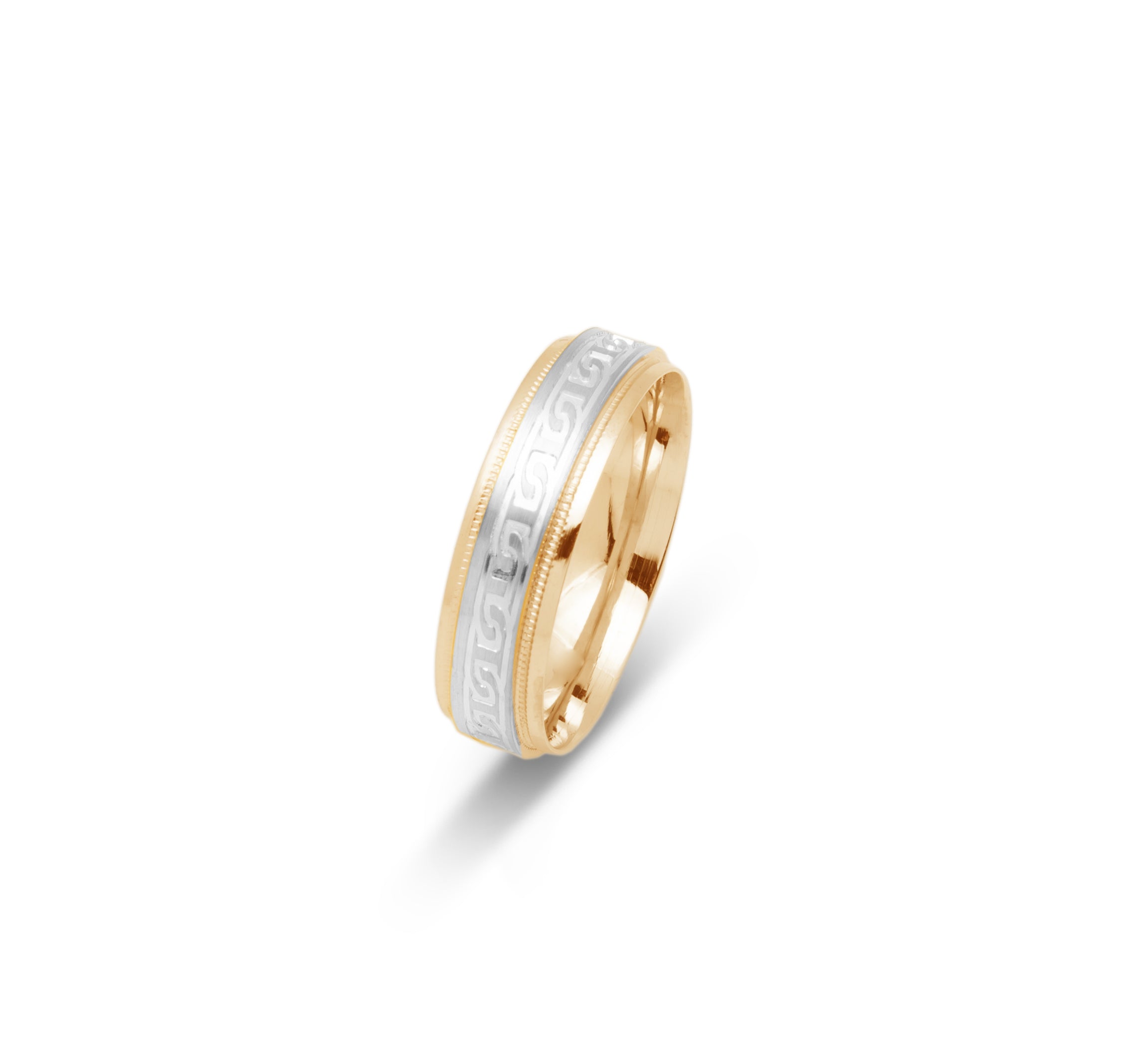 Wedding Band Ring - 10K two-tone yellow & white gold with links & millegrain edges 6mm - RIG694