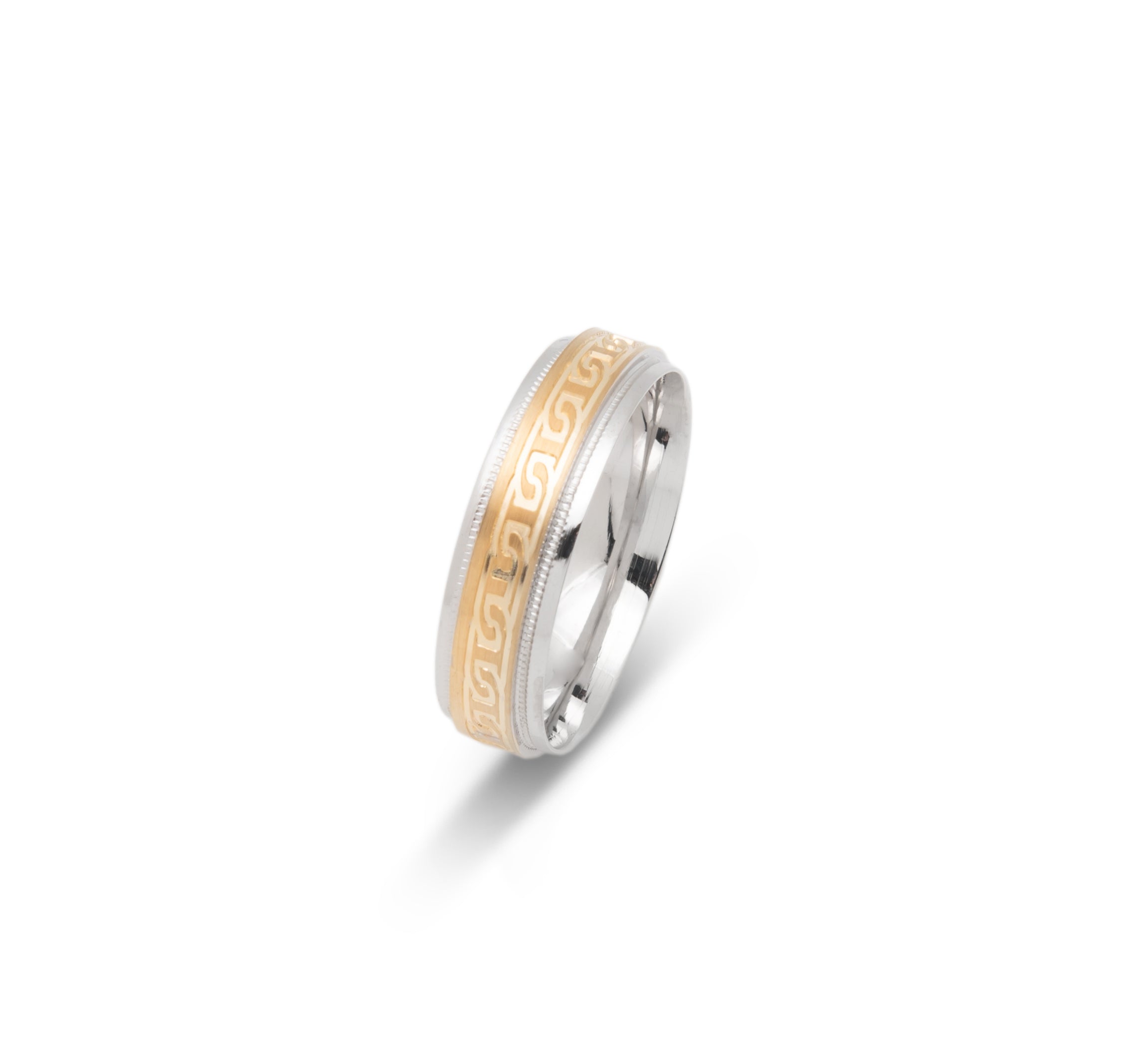 Wedding band ring - 10K two-tone yellow & white gold with links & millegrain edges 6mm - RIG695