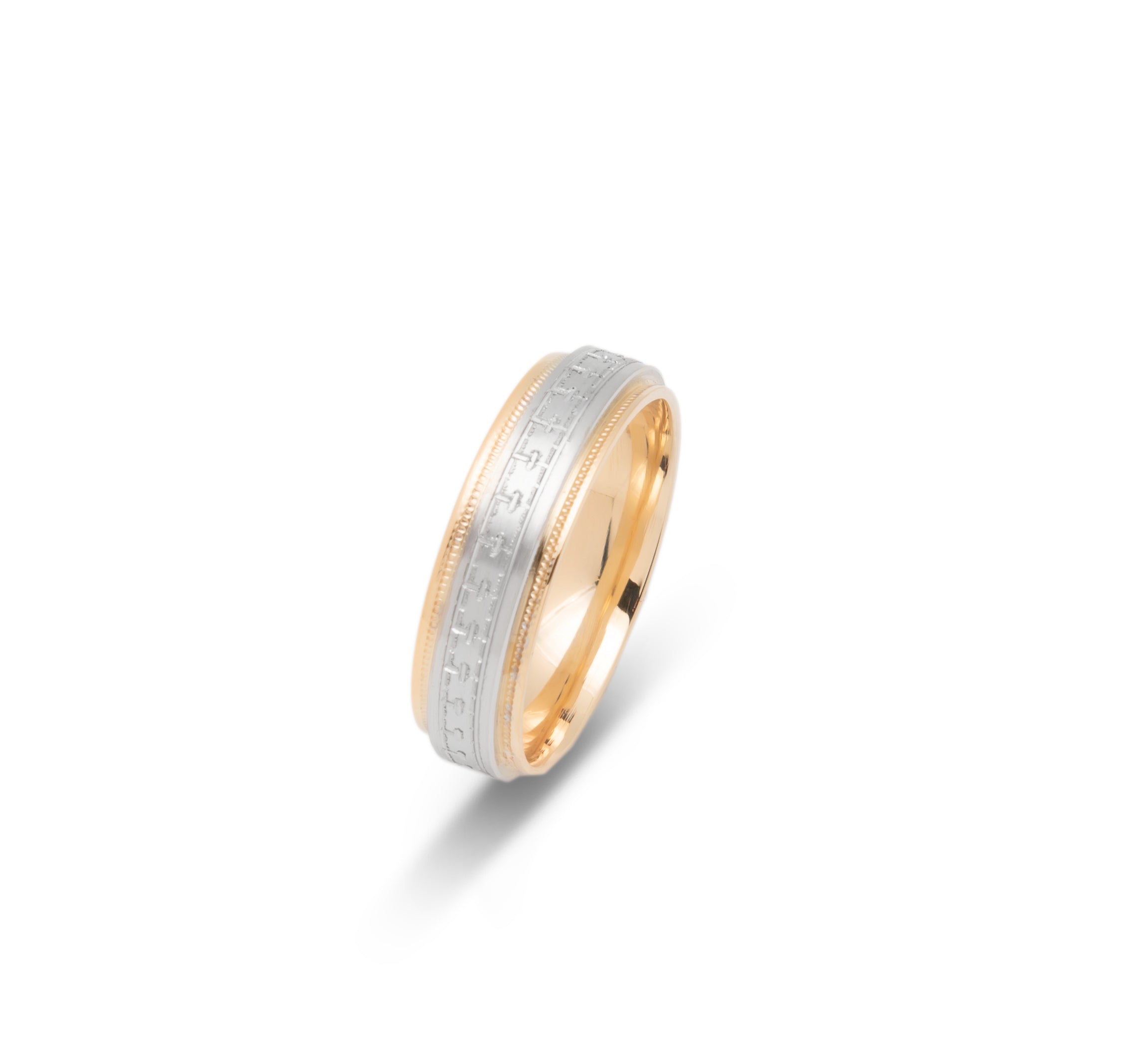 Wedding Band Ring - 10K Gold two-tone yellow & white puzzle pieces & millegrain edges 6mm - RIG696