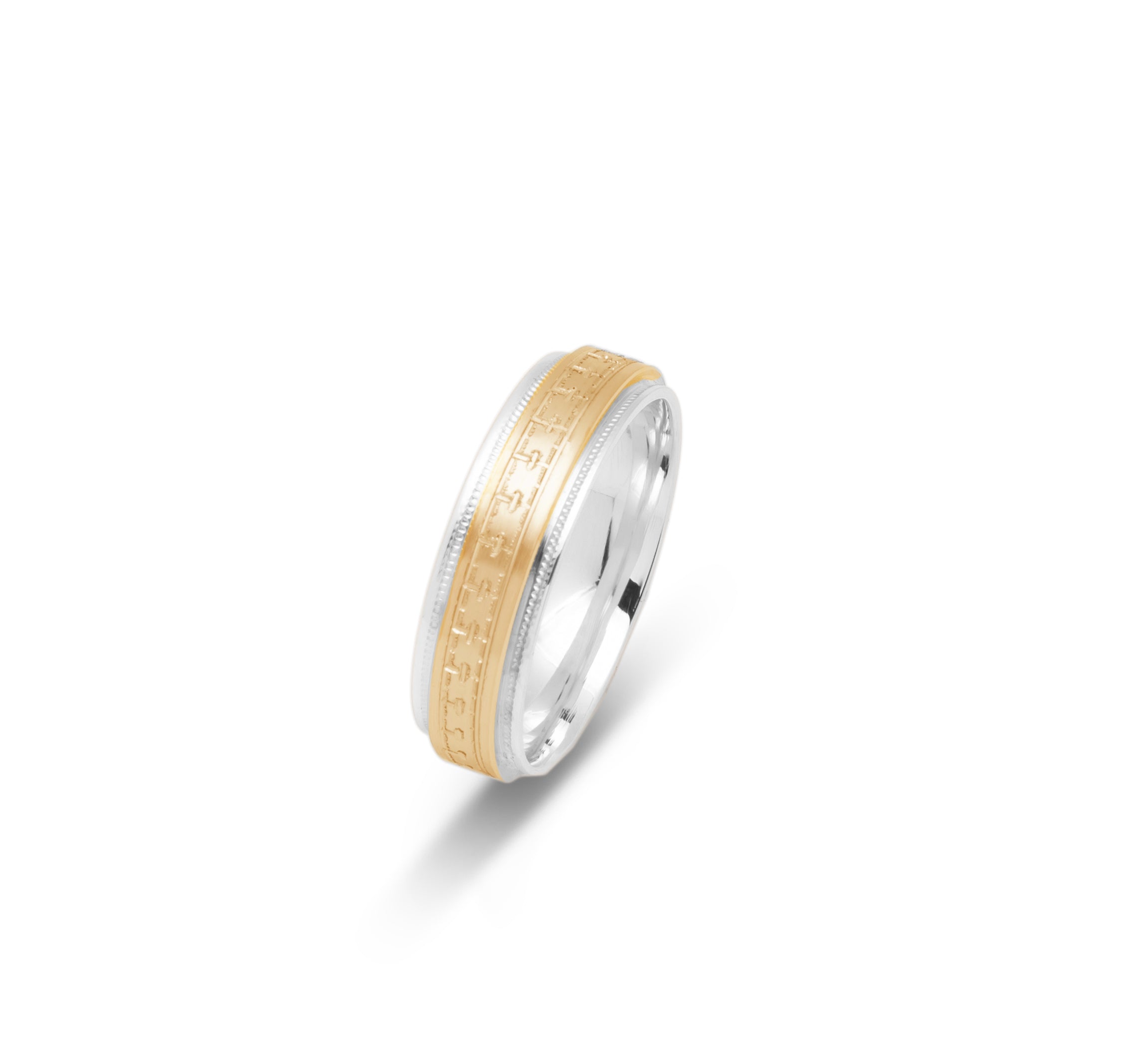 Wedding Band Ring - 10K Gold two-tone yellow & white puzzle pieces & millegrain edges 6mm - RIG697