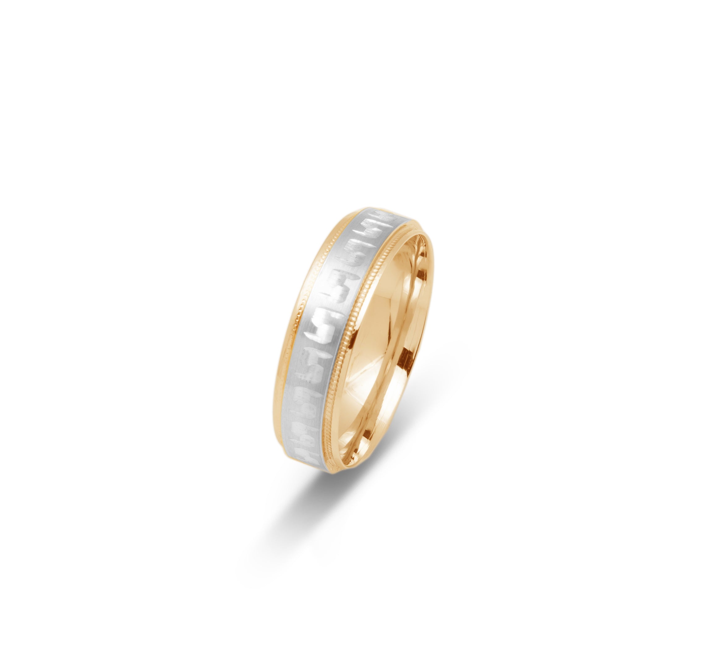 Wedding band ring - 10K two-tone yellow & white gold with curved engraving & millegrain edges 6mm - RIG700