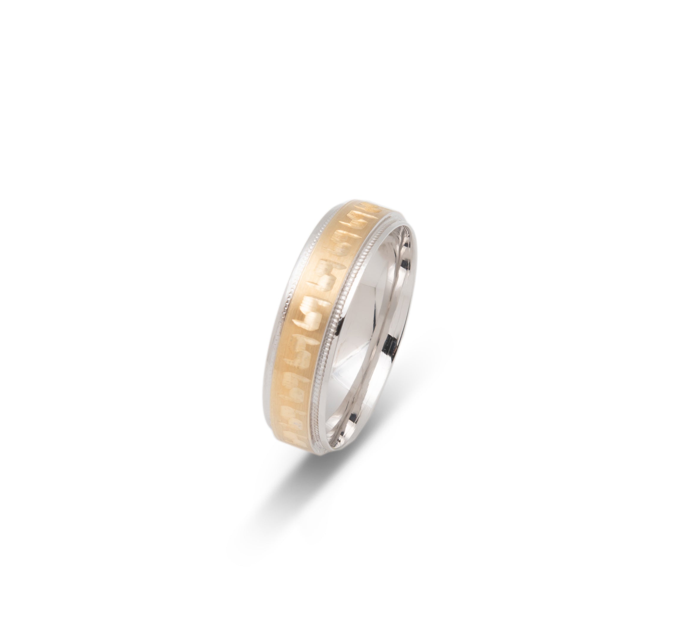 Wedding band ring - 10K two-tone yellow & white gold with curved engraving & millegrain edges 6mm - RIG701