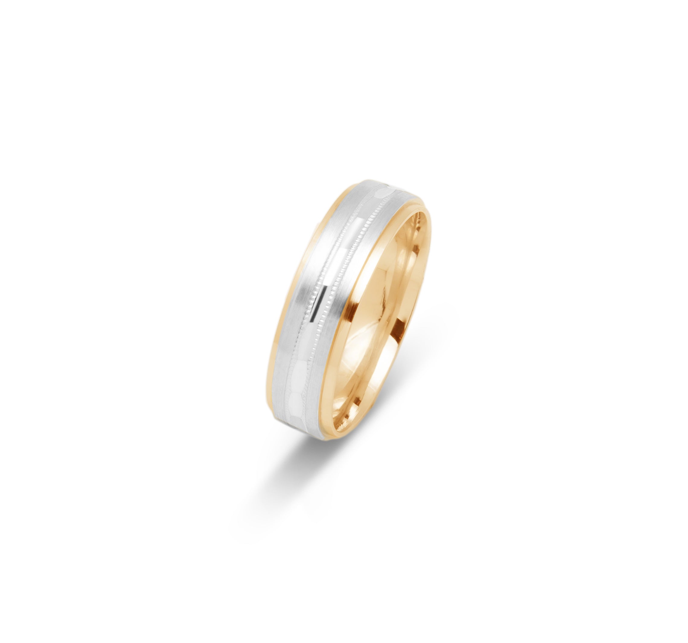 Wedding band ring - 10K two-tone yellow & white gold satin & millegrain finish with groove & polished edges 6mm - RIG702