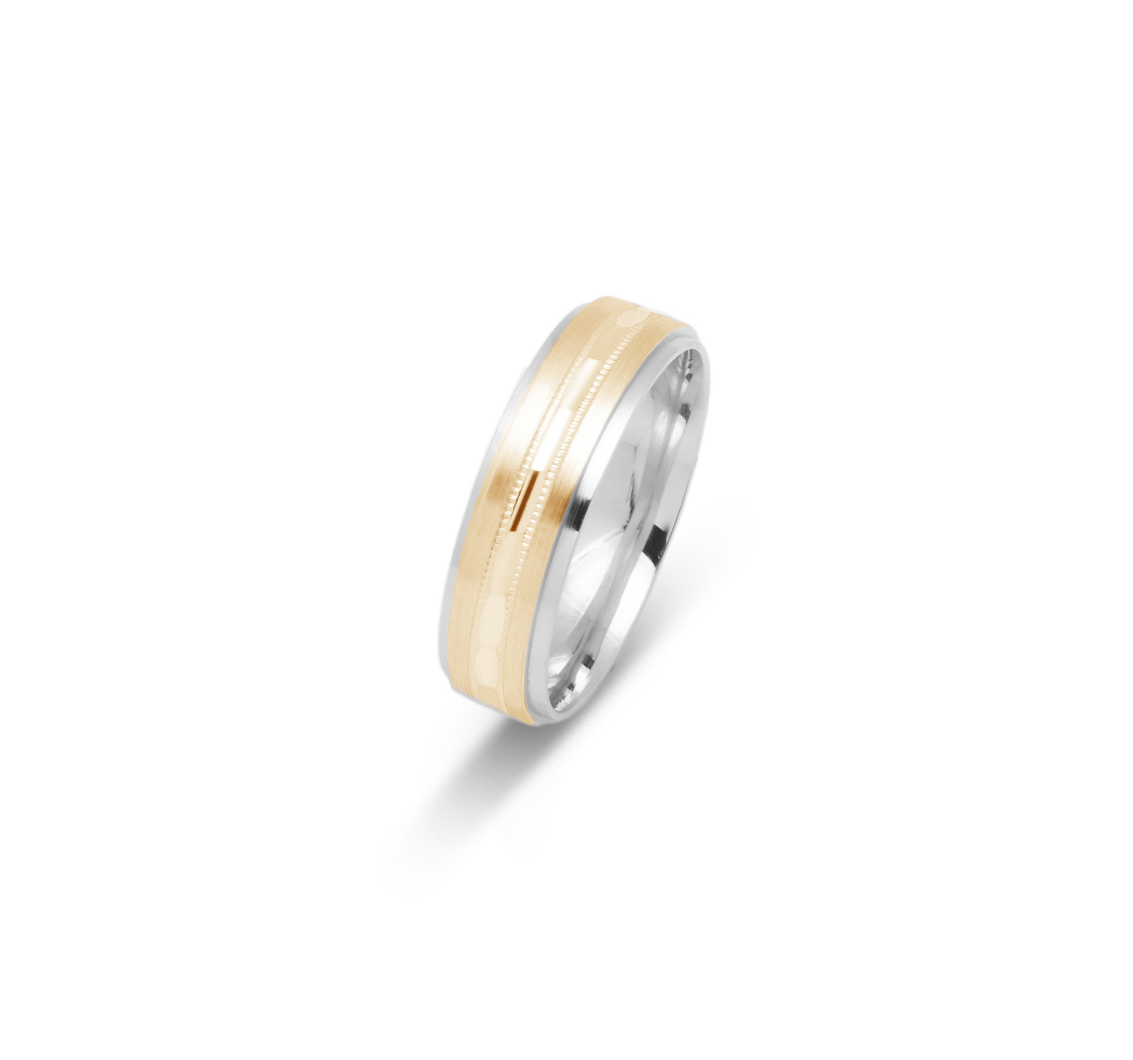 Wedding band ring - 10K two-tone yellow & white gold satin & millegrain finish with groove & polished edges 6mm - RIG703