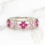 Bague - Or 10K blanc fleurs en pierres rubis 0.60CT, topaze rose 0.20CT & pavé de diamants naturels 0.60CT - RIGD079