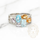 Bague - Or 10K blanc aigue-marine coupe ovale & émeraude 0.45CT, topaze jaune coupe ovale 0.40CT, améthyste coupe coussin 0.40CT & pavé de diamants naturels 0.20CT - RIGD125