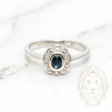 Bague - Or 10K blanc halo saphir coupe ovale 0.20CT serti clos & pavé de diamants naturels 0.08CT - RIGD135