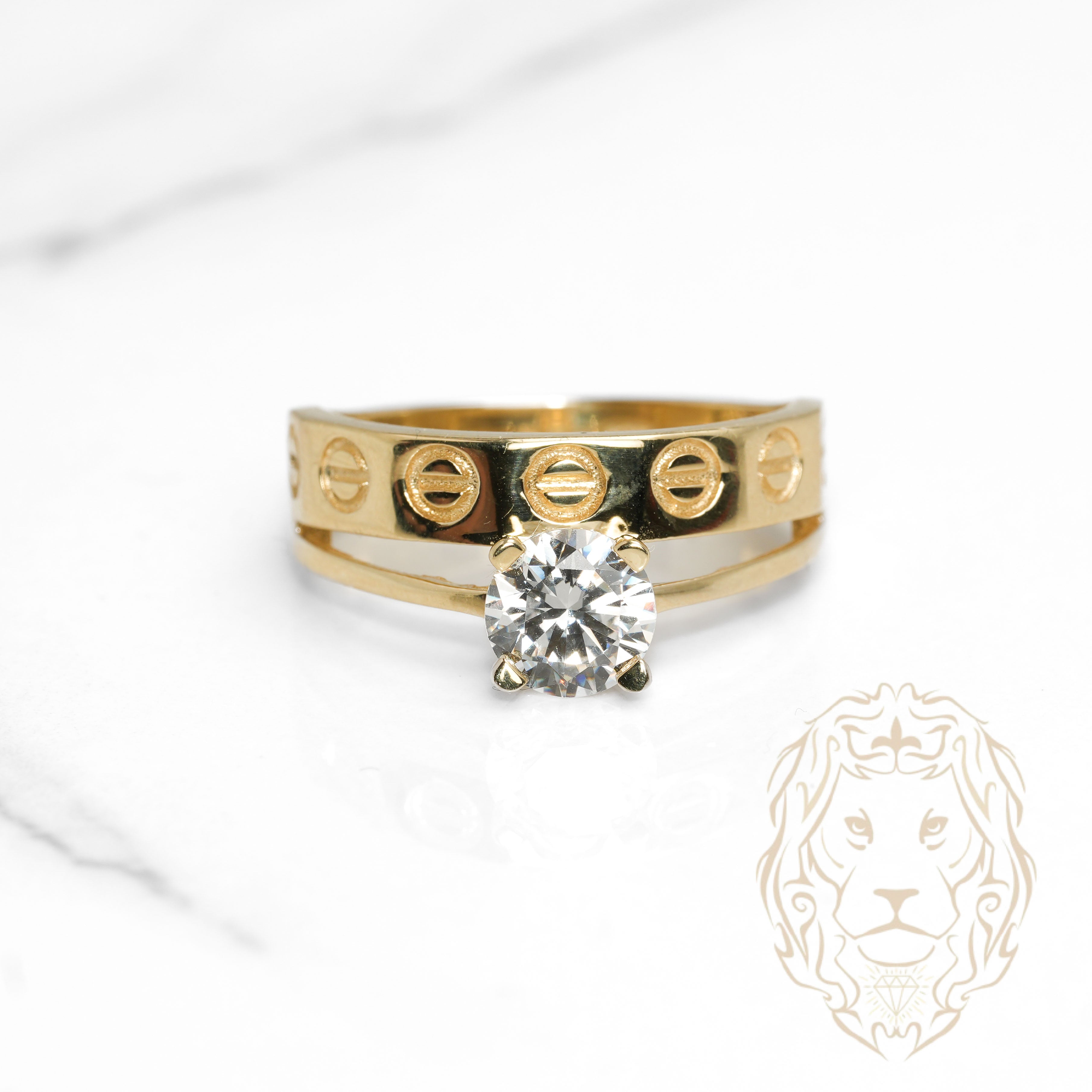 Bague - Or 10K jaune solitaire pierre cz coupe rond & alliance amour - RIG1096