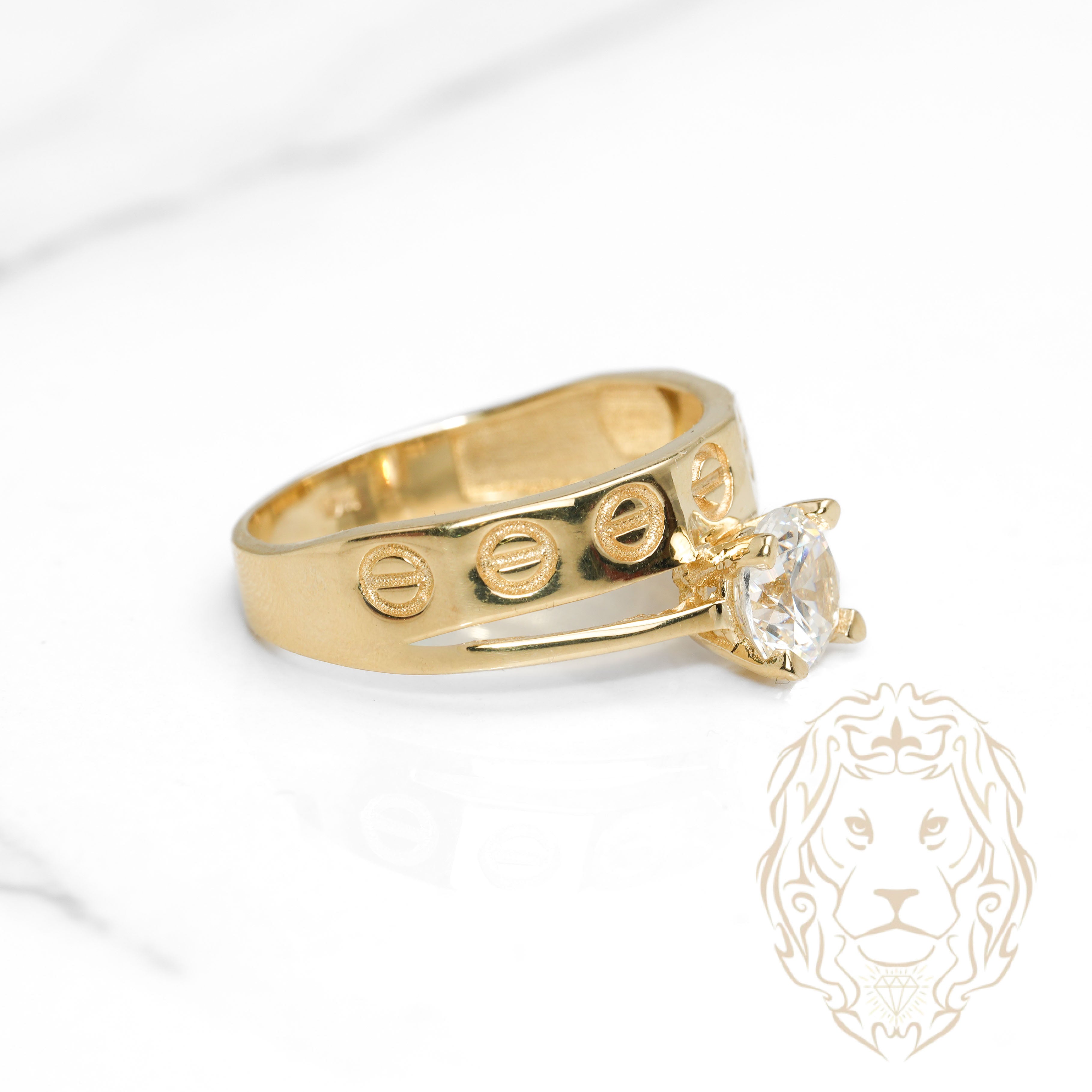 Bague - Or 10K jaune solitaire pierre cz coupe rond & alliance amour - RIG1096