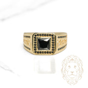 Bague - Or 10K jaune chevalière pierres noires avec motif clé grecque - RIG1105