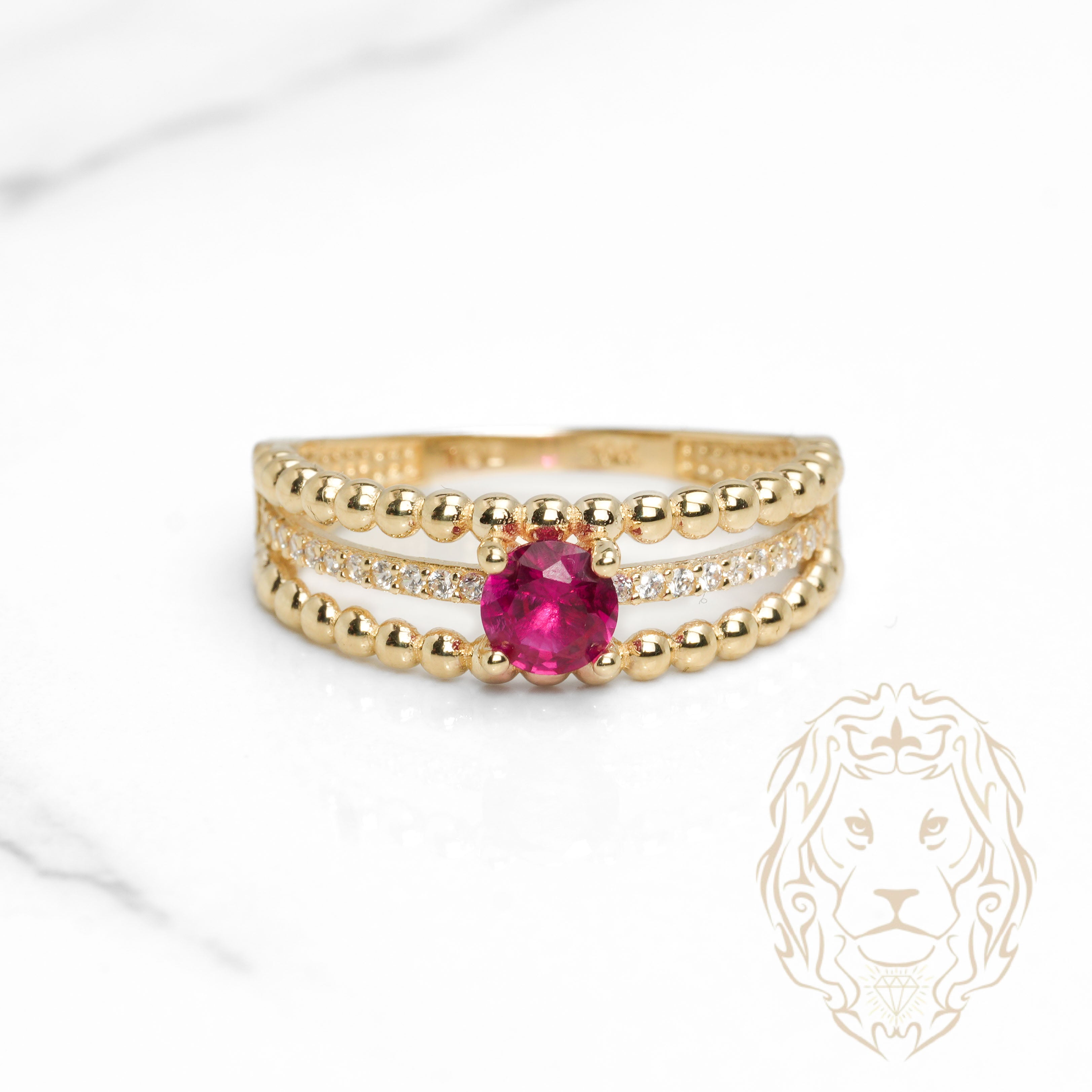 Bague - Or 10K jaune faux-stack semi-éternité pierre rouge cz & bandes perlées - RIG1114