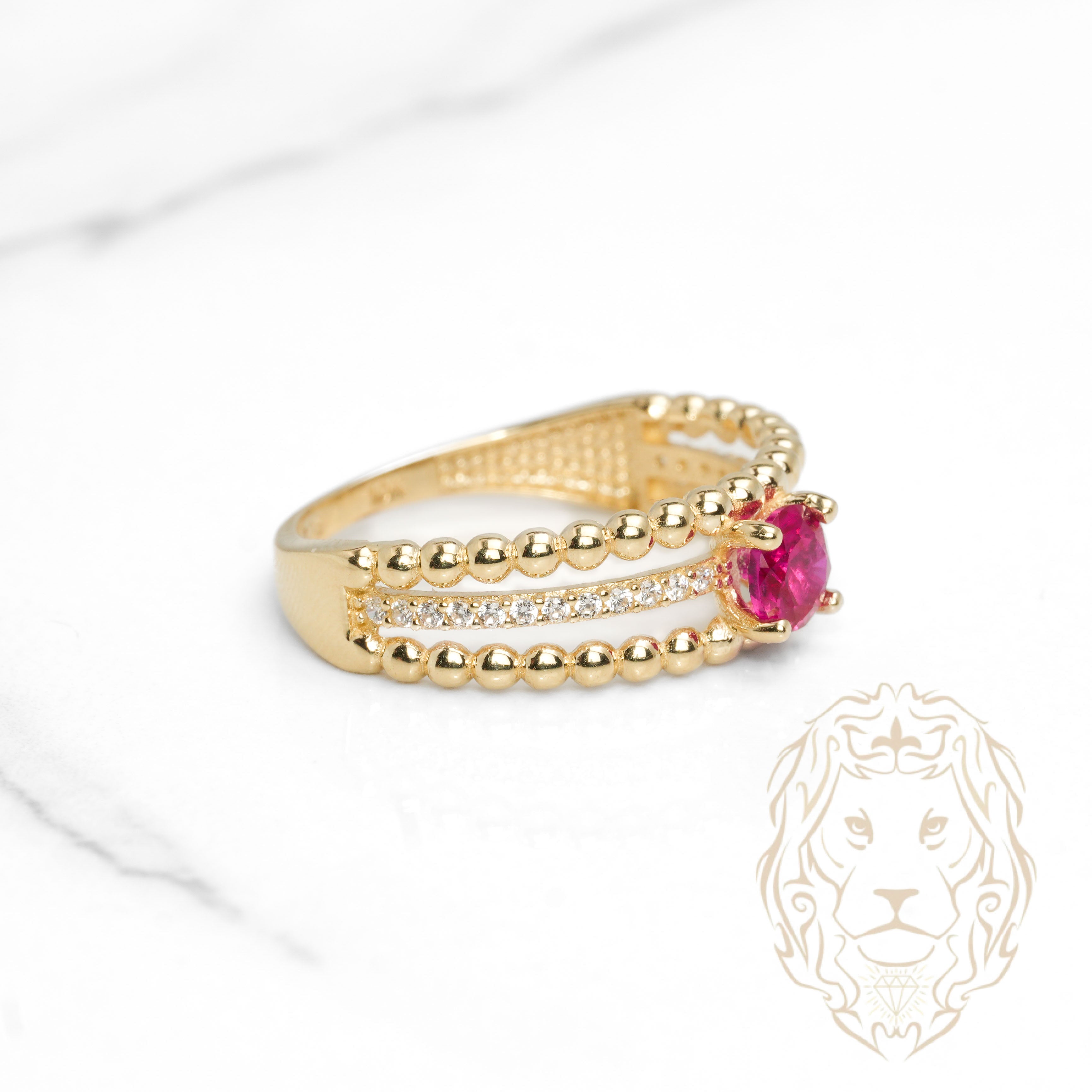 Bague - Or 10K jaune faux-stack semi-éternité pierre rouge cz & bandes perlées - RIG1114