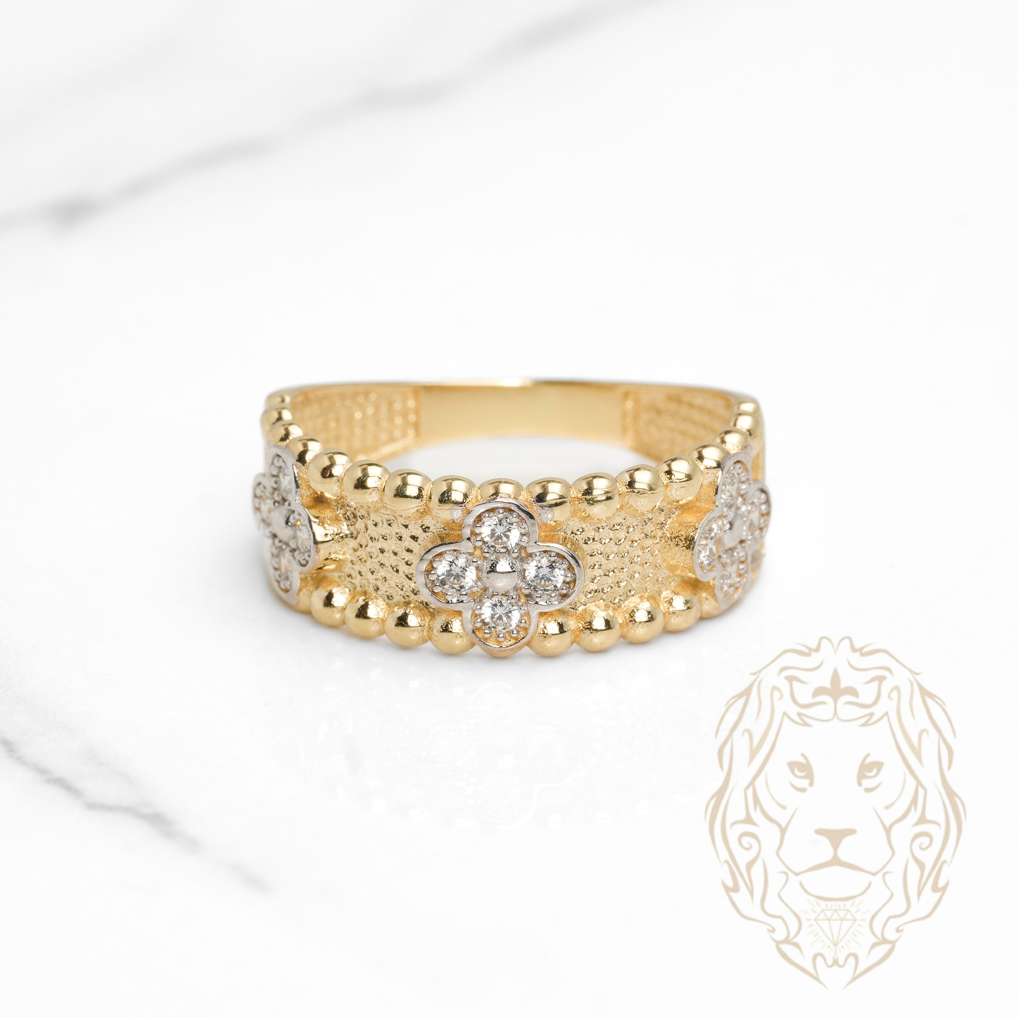 Bague - Or 10K jaune trèfles en pierres cz & motif perlée - RIG1117