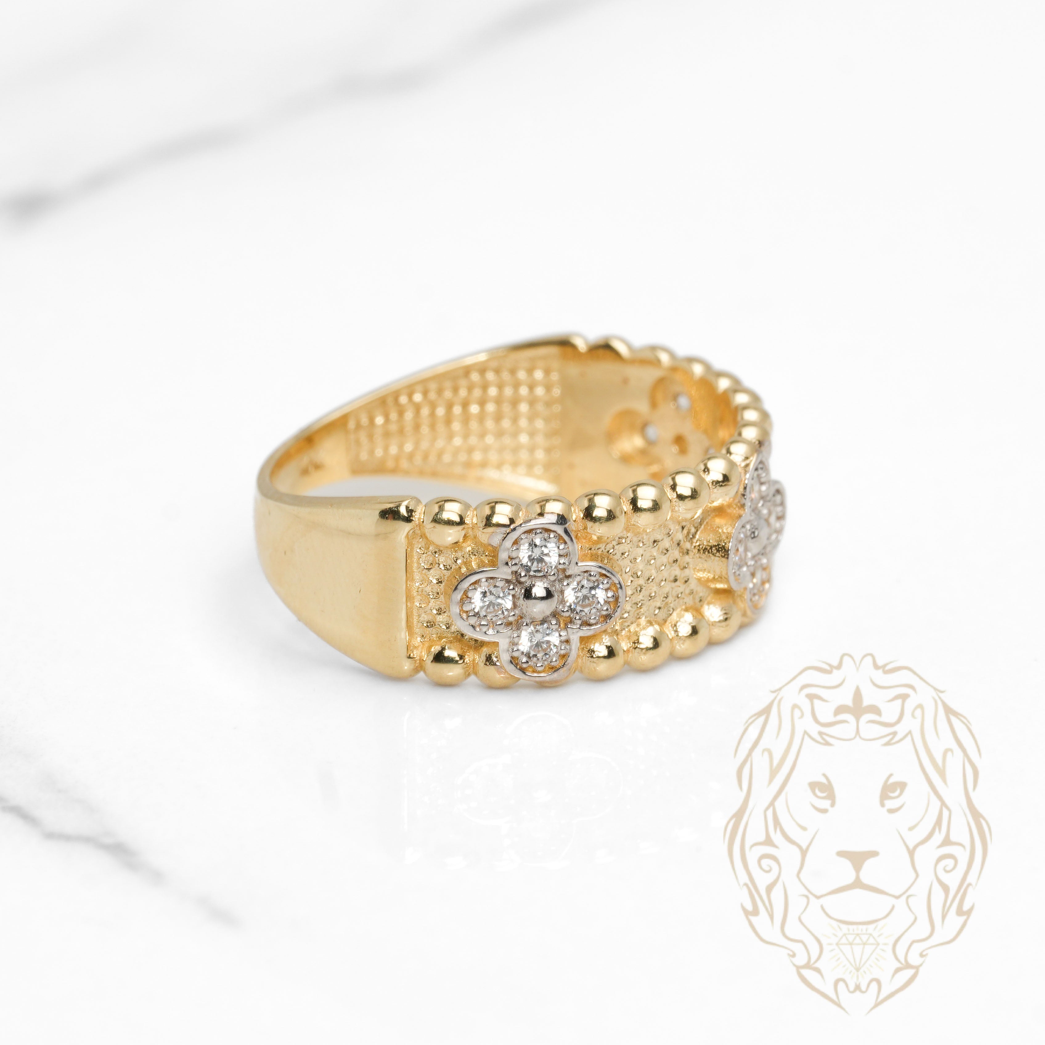 Bague - Or 10K jaune trèfles en pierres cz & motif perlée - RIG1117
