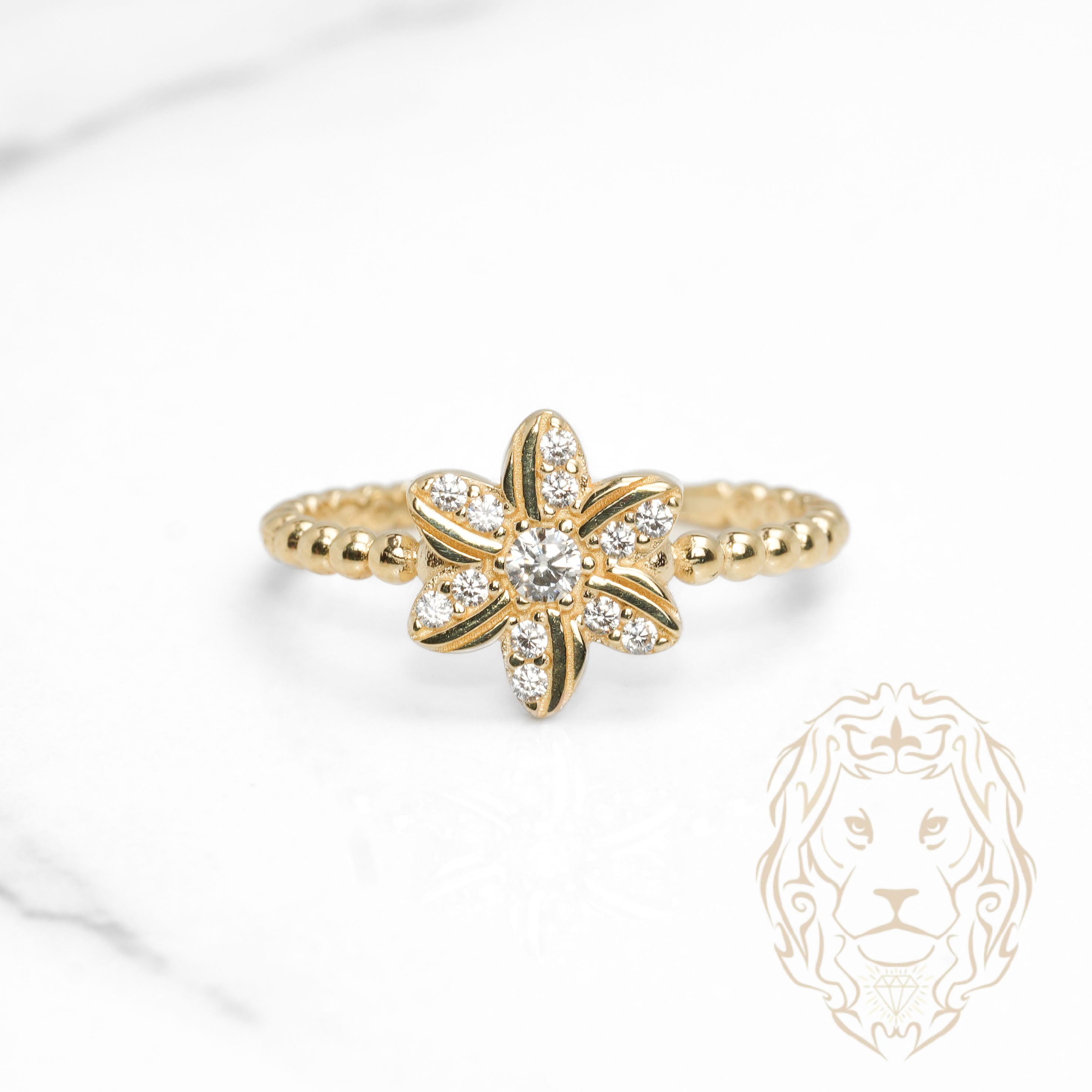 Bague - Or 10K jaune fleur en pierres cz & monture perlé - RIG1126
