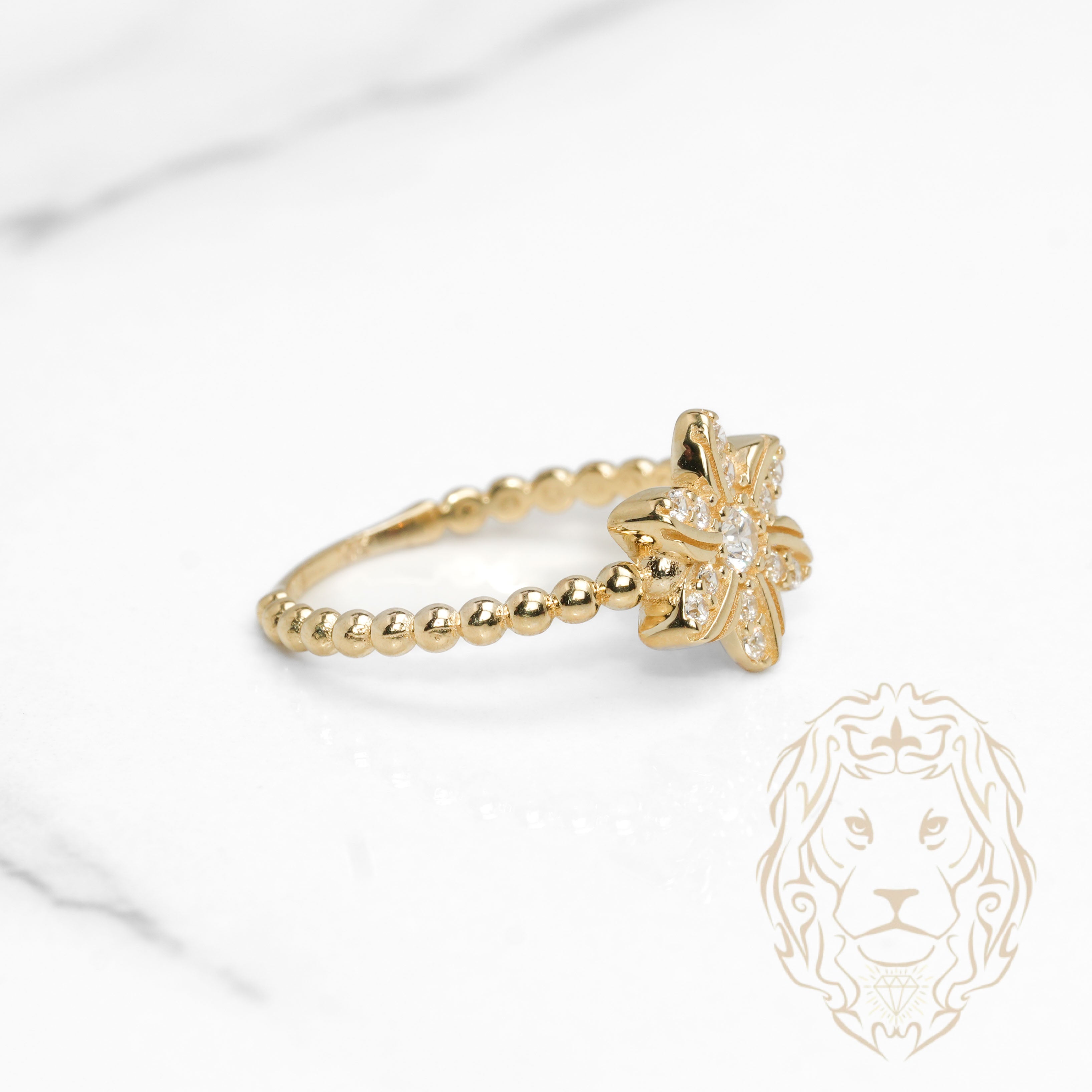 Bague - Or 10K jaune fleur en pierres cz & monture perlé - RIG1126