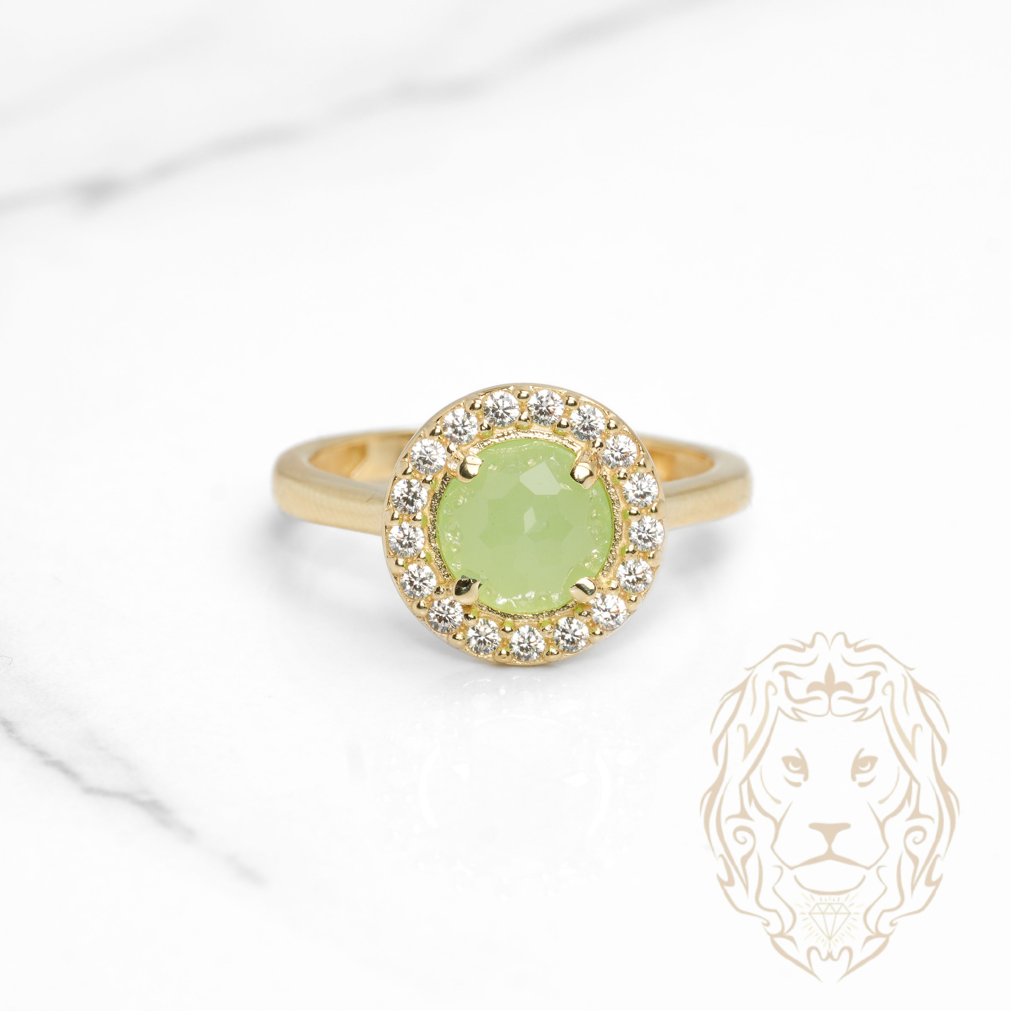 Bague - Or 10K jaune halo ronde pierre verte cz - RIG1131