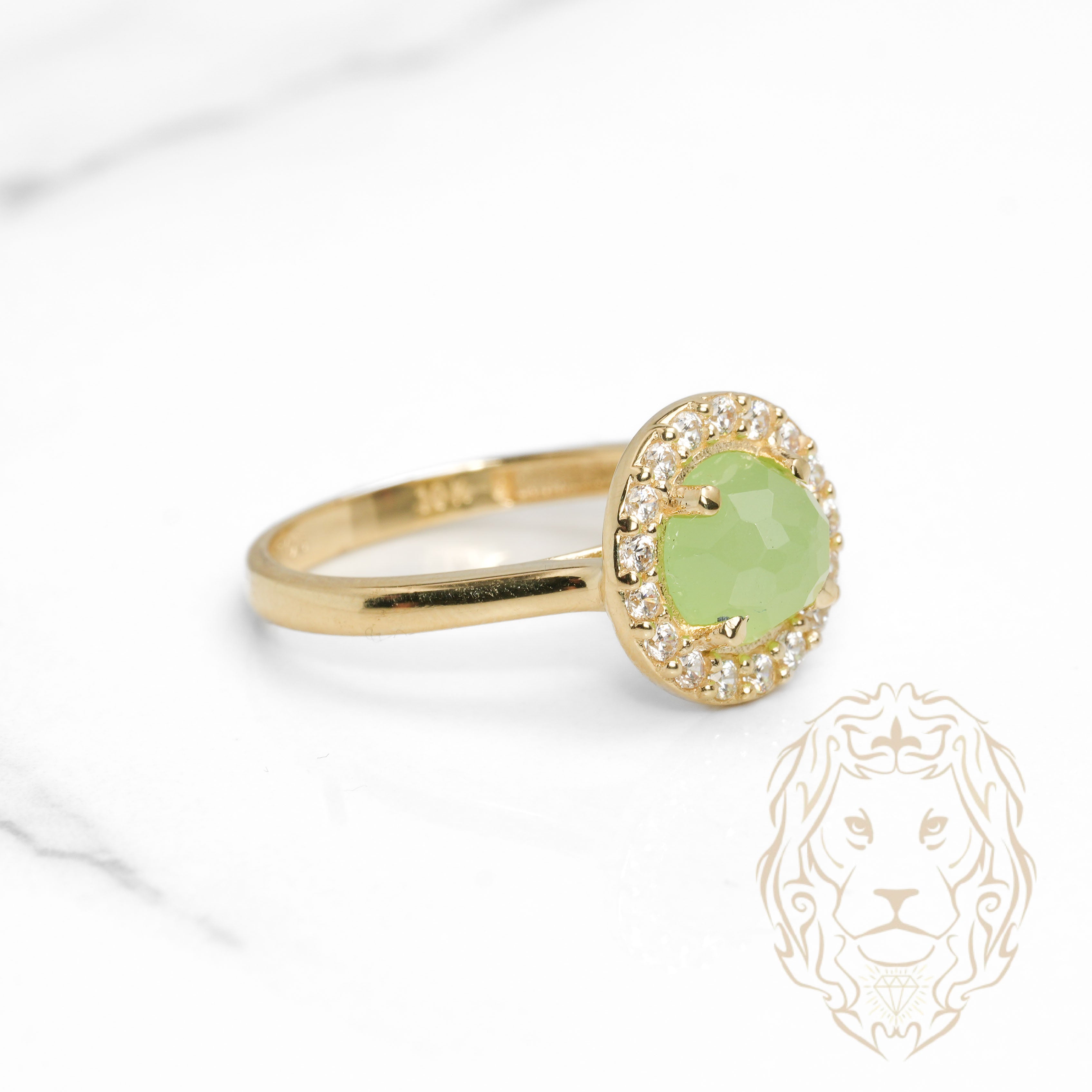 Bague - Or 10K jaune halo ronde pierre verte cz - RIG1131