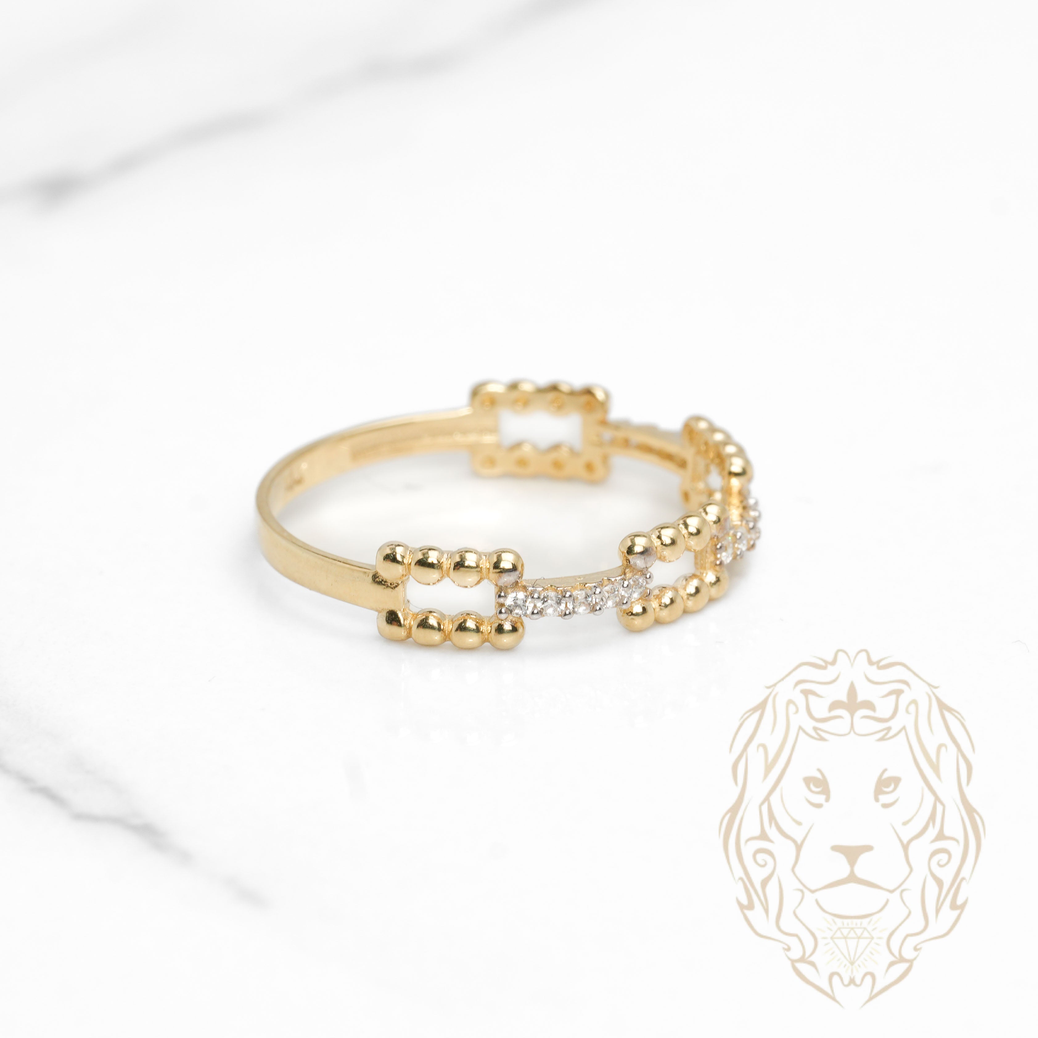 Bague - Or 10K jaune maillons rectangulaires perlés & pavés de cz- RIG1141