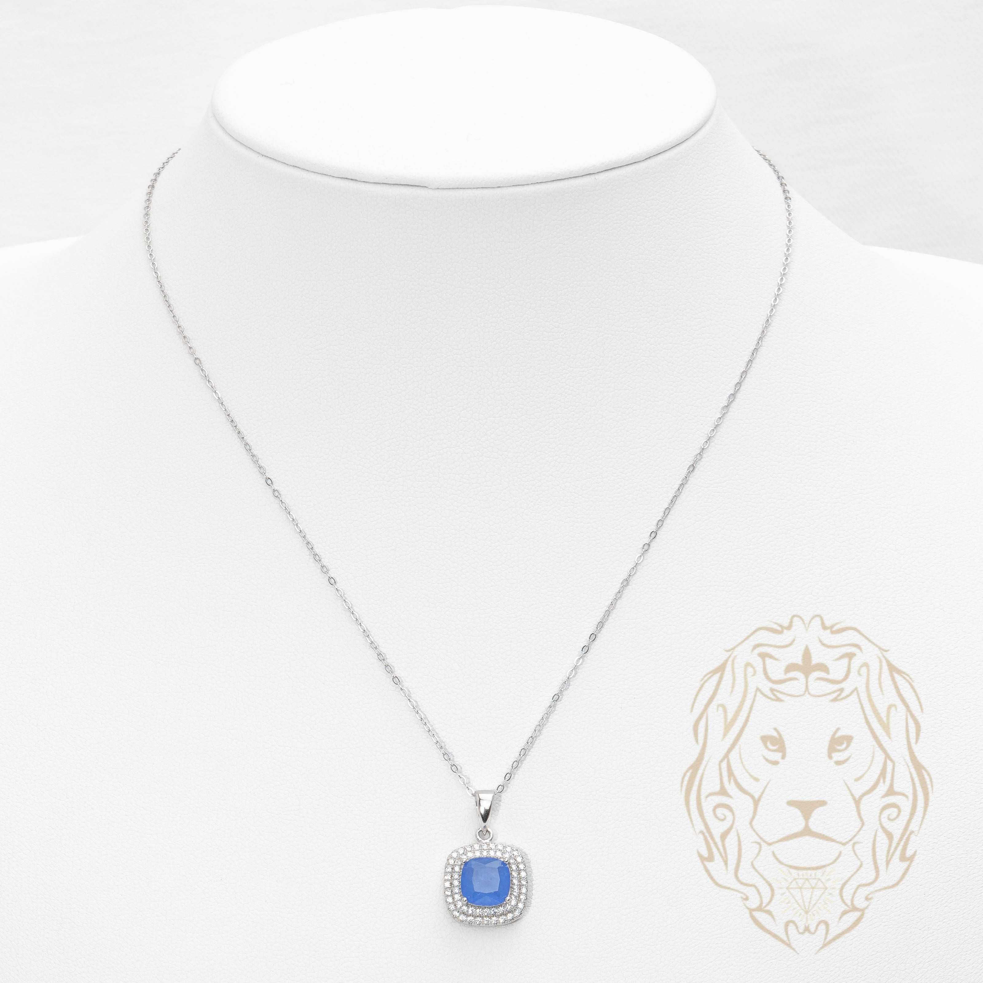 Collier - Argent pendentif double halo pierre cz bleue coupe cousin - CHS654