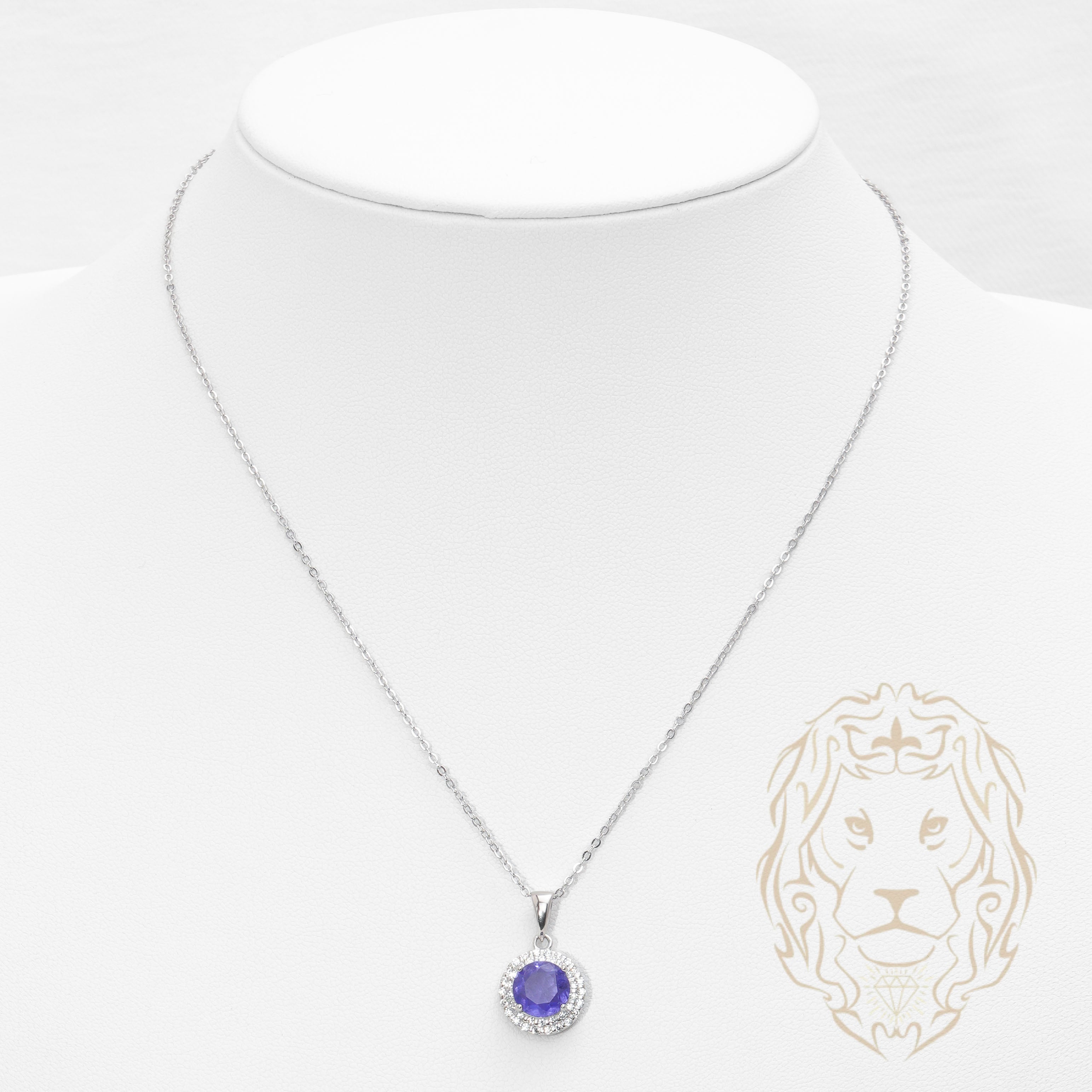 Collier - Argent pendentif double halo pierre cz mauve coupe ronde - CHS656