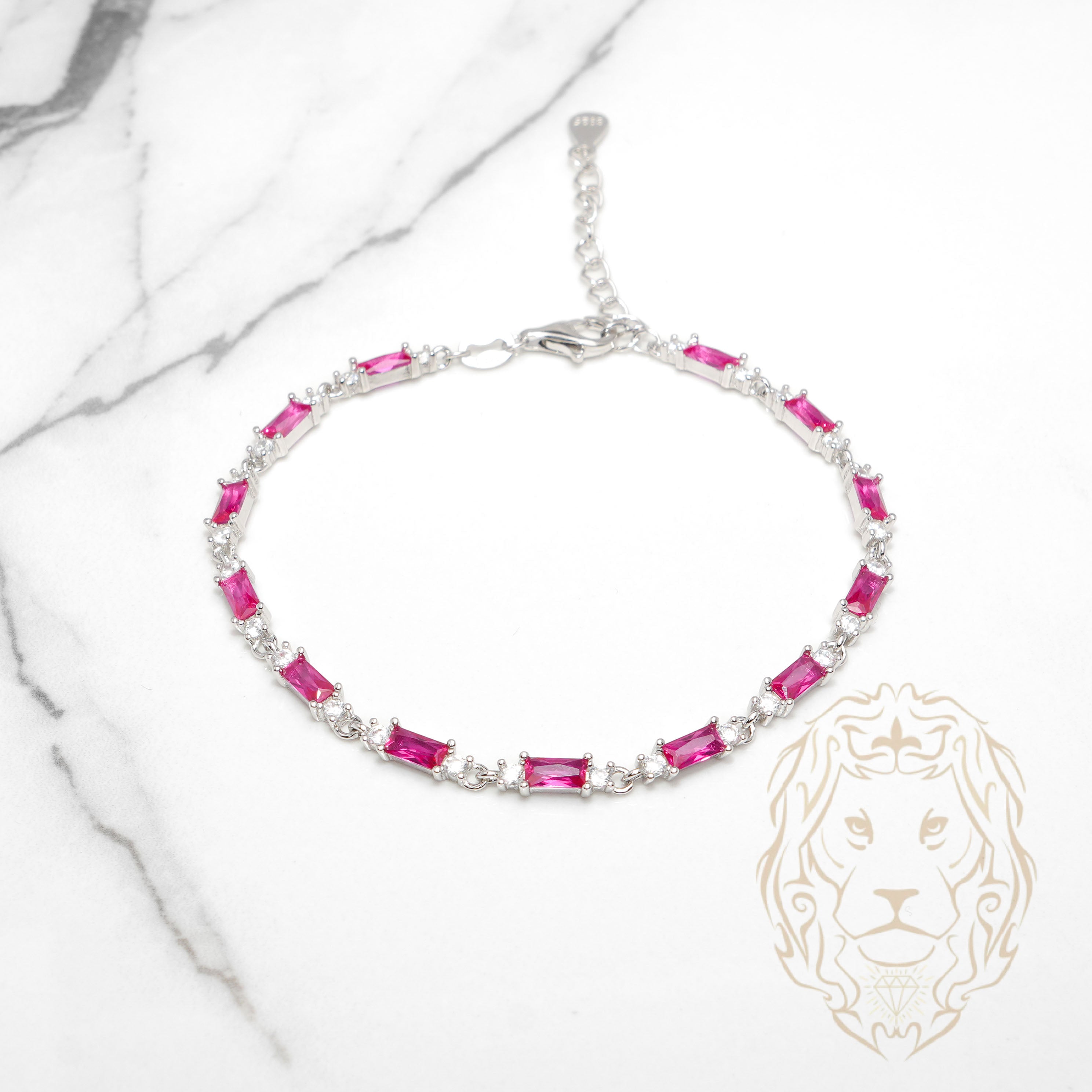 Bracelet - Argent pierres cz rouges coupe émeraude & ronde - BRS579