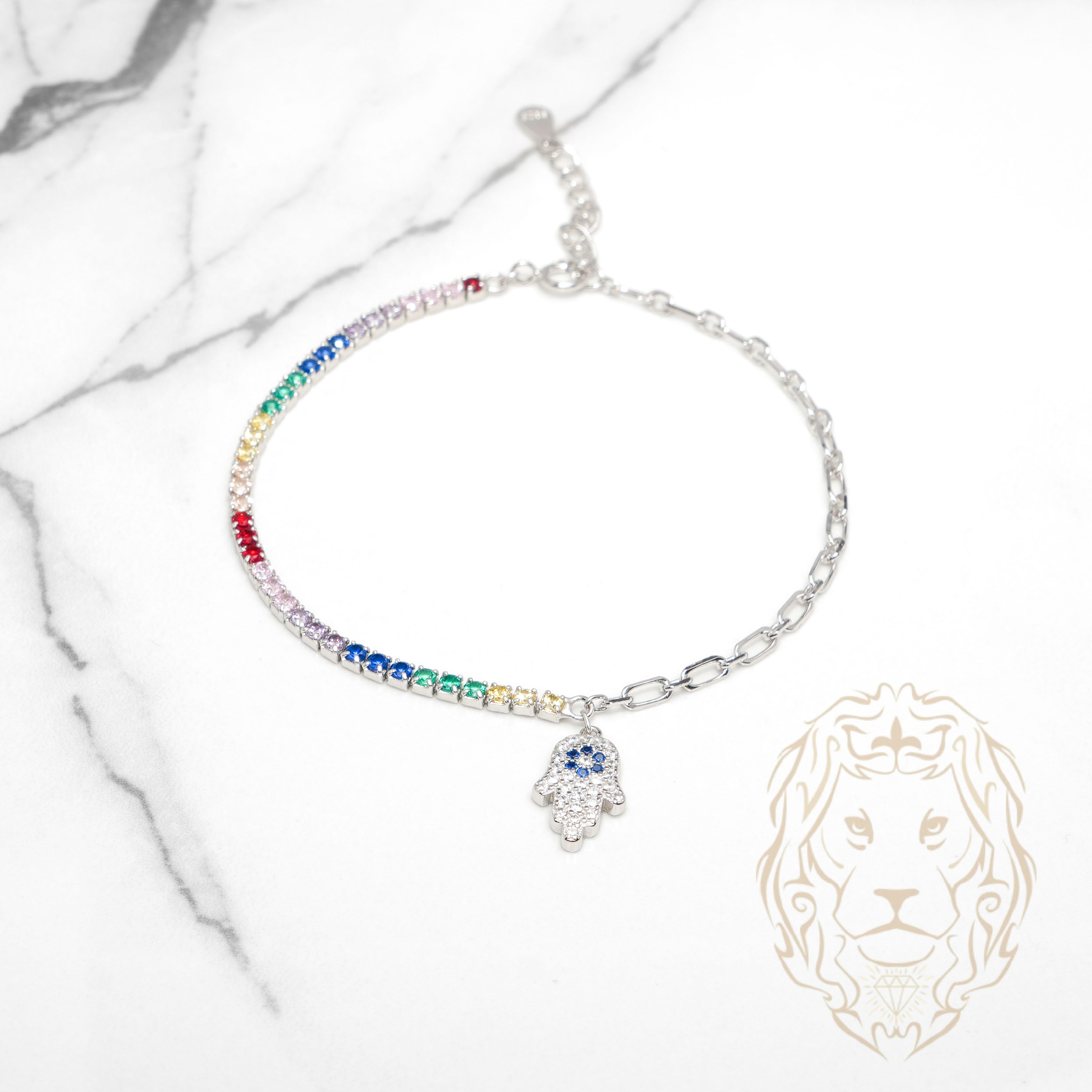 Bracelet - Argent moitié tennis multicolore moitié paperclip avec main de Fatima pavé de cz - BRS580